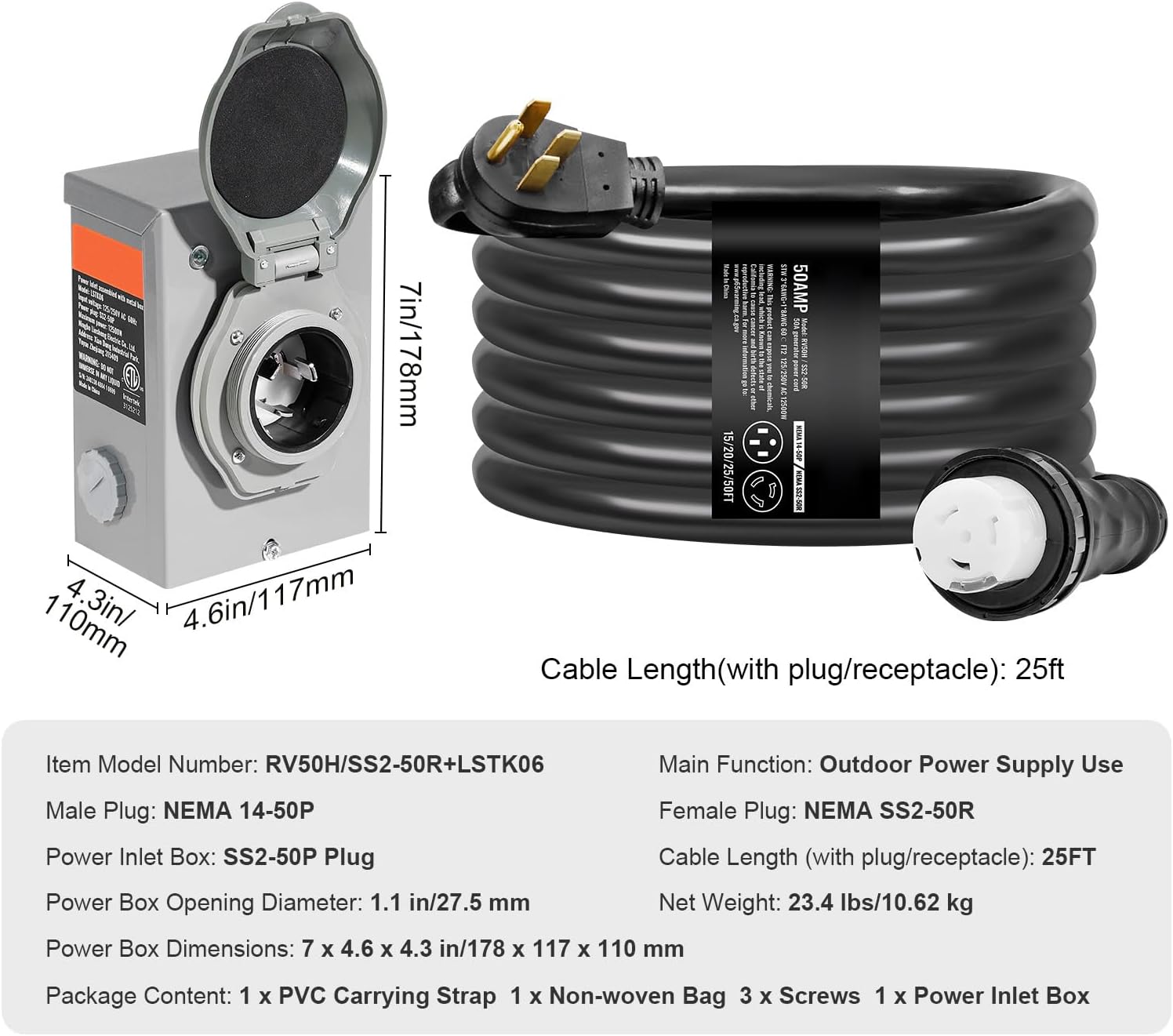 Happybuy Generator Cord & Power Inlet Box Kit 50 Amp, 25FT, NEMA 14-50P/SS2-50R, Twist Lock Connector, ETL Listed, Generator Power Cord for Home Use