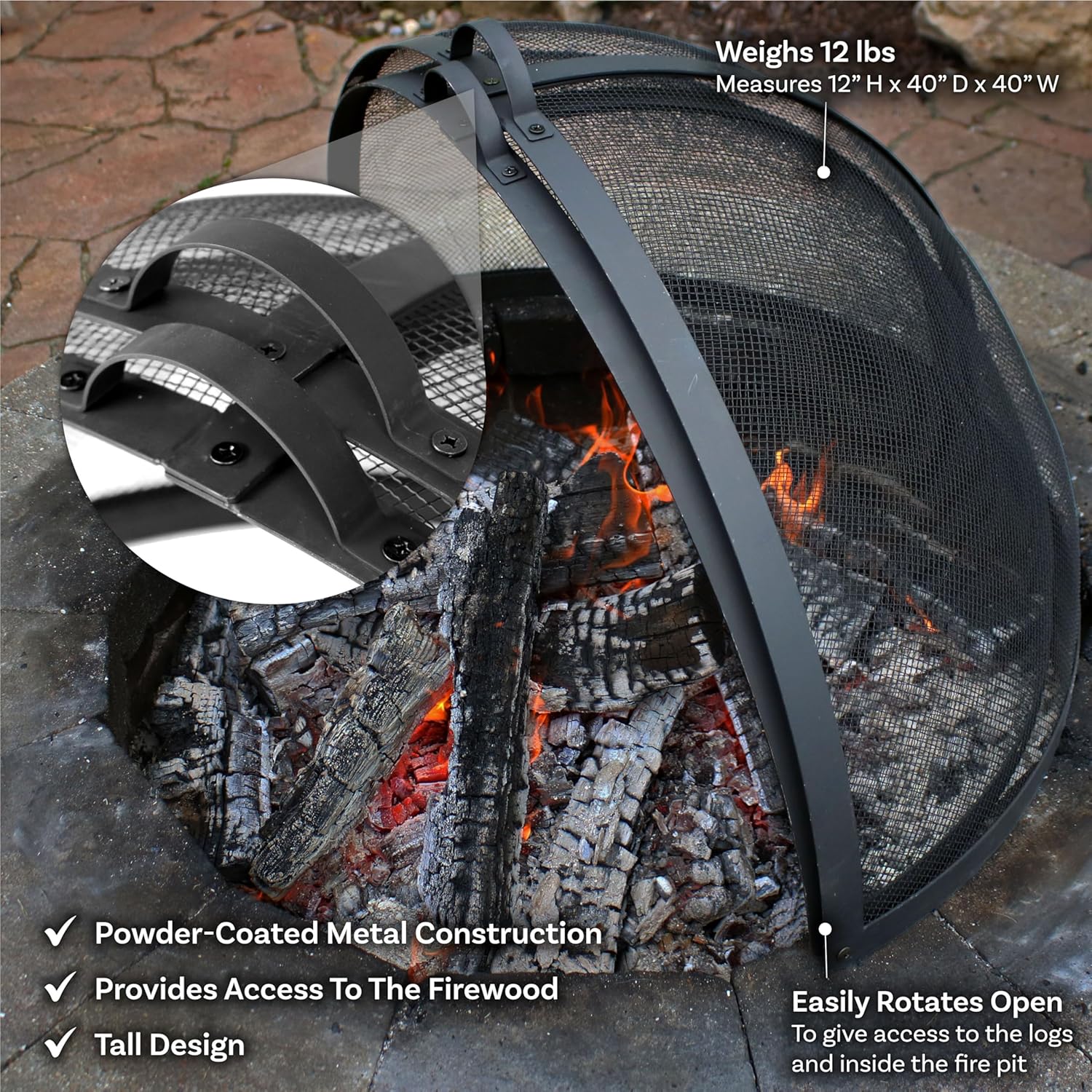 Sunnydaze 40‑Inch Round Fire Pit Spark Screen Lid – Heavy‑Duty Mesh Ember Lid & Fire Pit Screen Cover with Door, Keeps Sparks & Ashes Contained