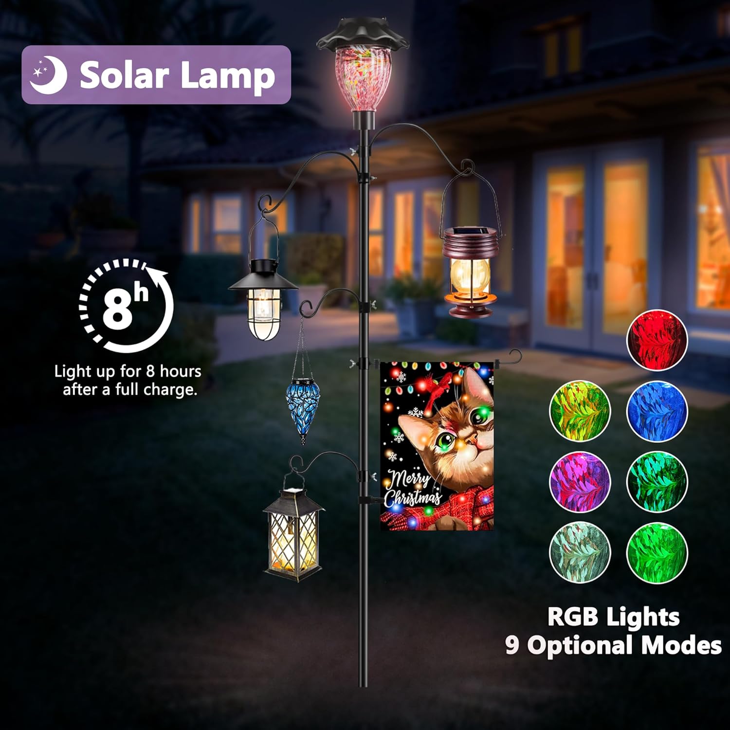 LUJII Solar Shepherds Hooks for Outdoors, Bird Feeder Pole with 4 Adjustable Hangers and 1 Flag Holder, Garden Stand for Hummingbird Feeders, Wind Chimes, Plant Baskets, Lanterns (Purple)