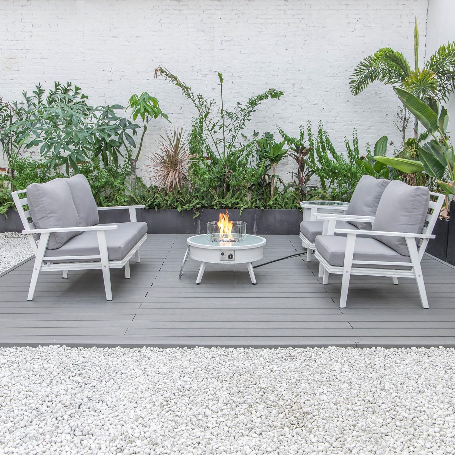 LeisureMod Walbrooke Modern Aluminum 5-Piece Patio Conversation Set with Outdoor Round Firepit Side Table Tank Holder, Grey