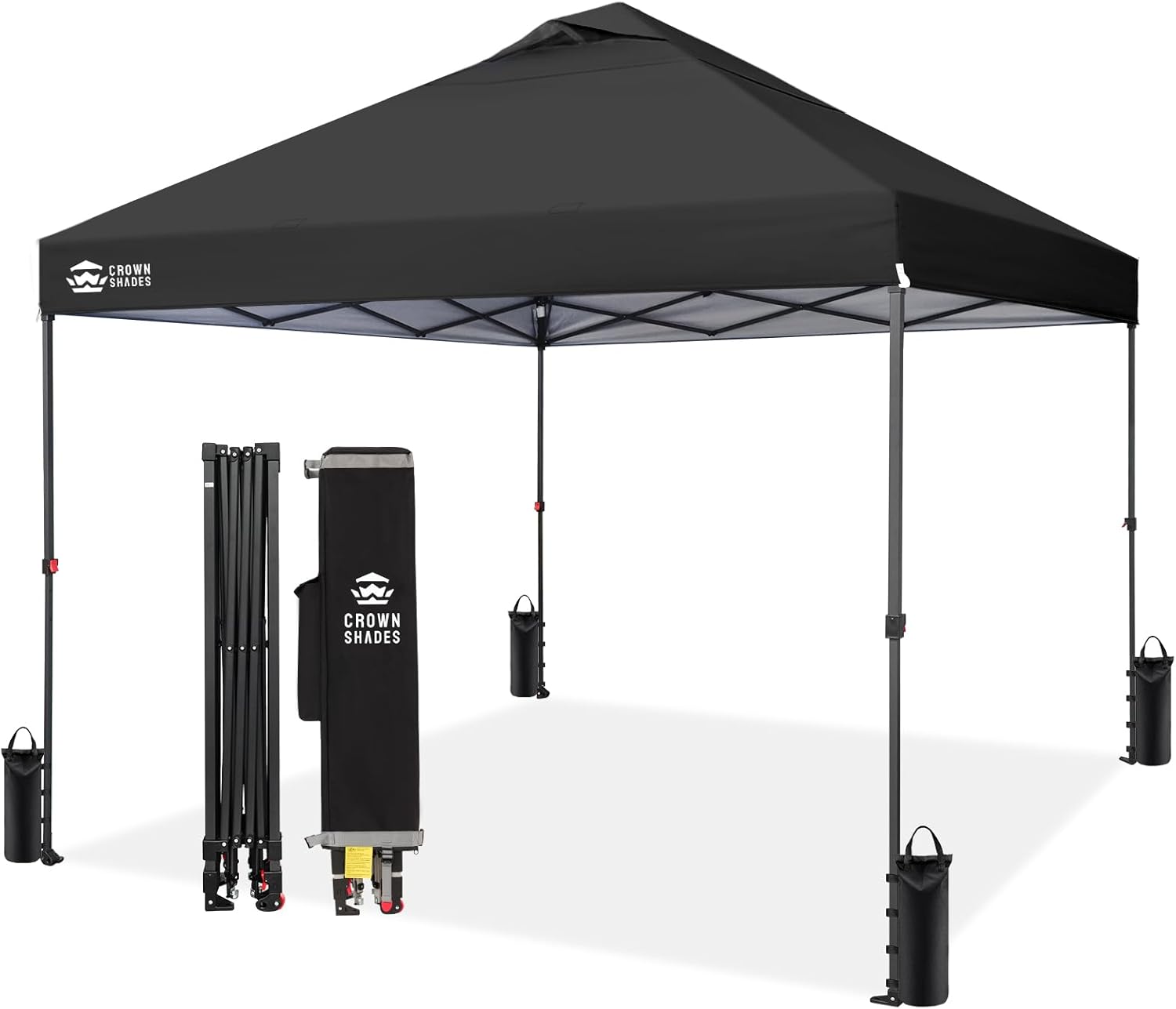 CROWN SHADES 10x10 Pop Up Canopy Tent - Patented Center Lock One Push Instant Outdoor Canopy Beach Tent with STO-N-Go Bag 8 Stakes & 4 Sand Bags，Black