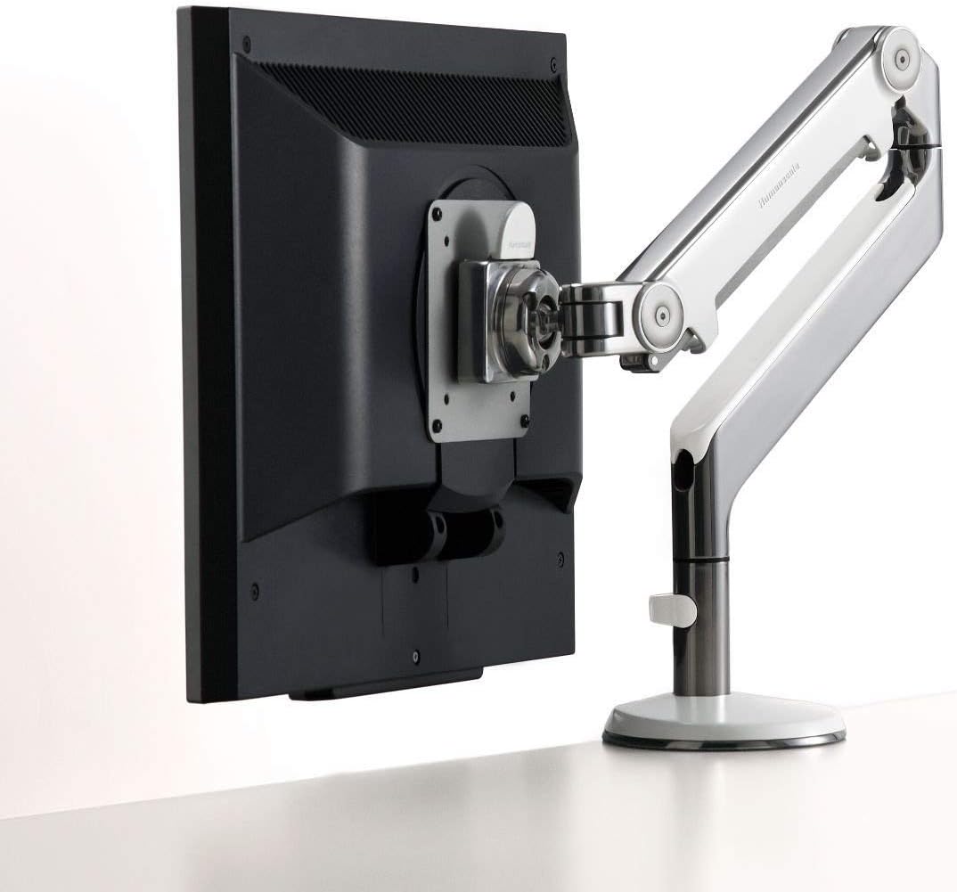 Humanscale M2 M2CW1S Adjustable Articulating Computer Monitor Arm - Two Piece Clamp On Mount with Base - Polished Aluminum with White Trim