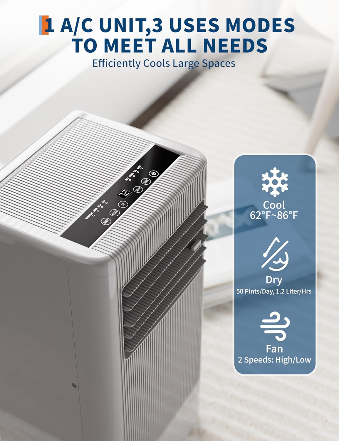 8000 BTU Portable Air Conditioners, 4-In-1 Portable AC Unit with Remote Control, Cool, Fan, Dehumidifier, 24H Timer for Bedroom Home Office Up to 350 Sq. Ft, Black&Grey Cover
