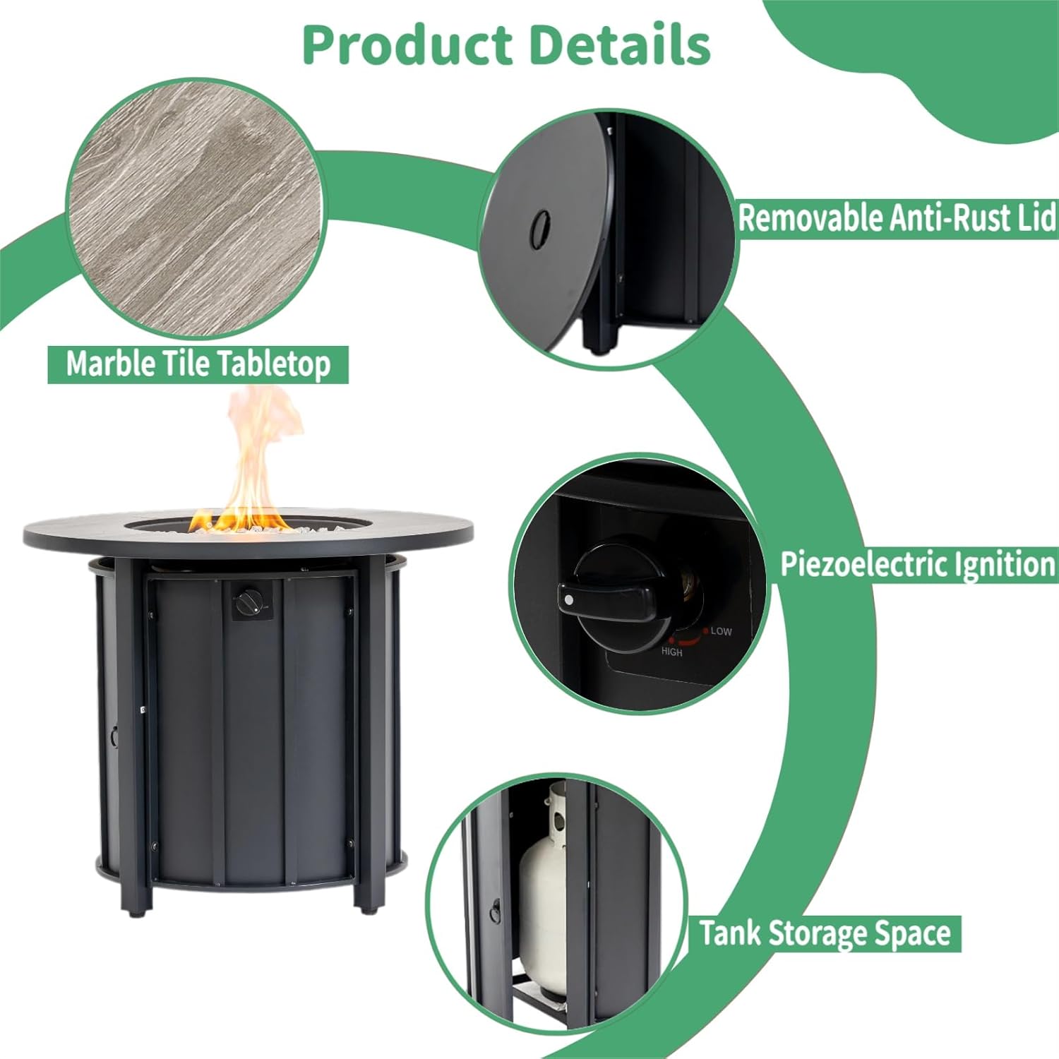 30 Inch Outdoor Propane Fire Pit Table,50000 BTU Steel Gas Firepit with with Wood-Grain Ceramic Tabletop & Lava Rocks, Waterproof Cover,Portable Round Patio Heater for Deck Garden Backyard