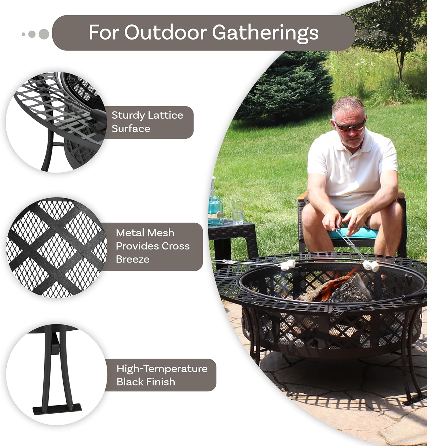 Sunnydaze 40-Inch Round Steel Fire Pit Table with Durable Spark Screen and Poker - Portable Design - Black - Diamond Weave