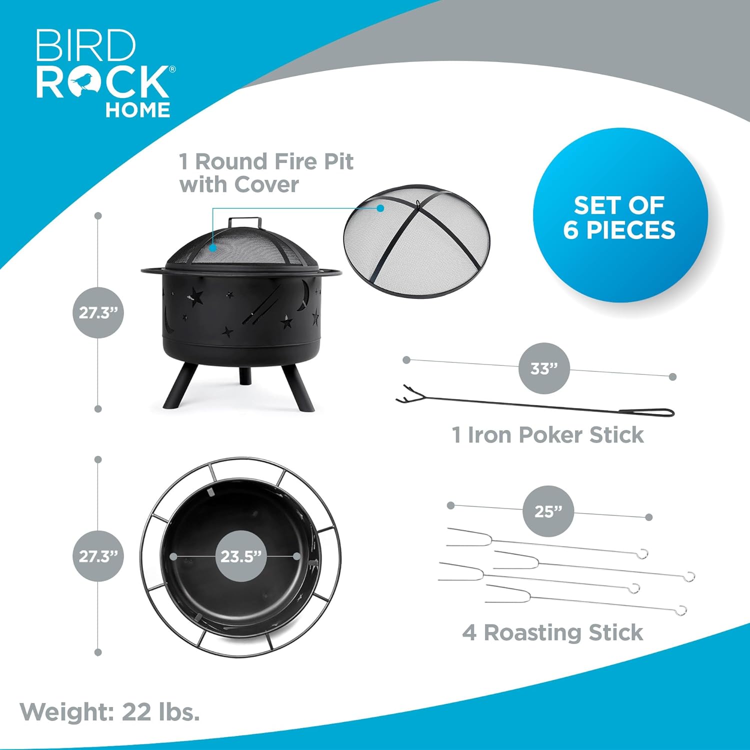 BIRDROCK HOME 30″ Round Wood-Burning Fire Pit – Portable Outdoor Patio & Garden Fire Bowl with Stars & Moon Cut-Outs, Spark Screen, Built-in Grate, 4 Roasting Sticks & Fire Poker - Black