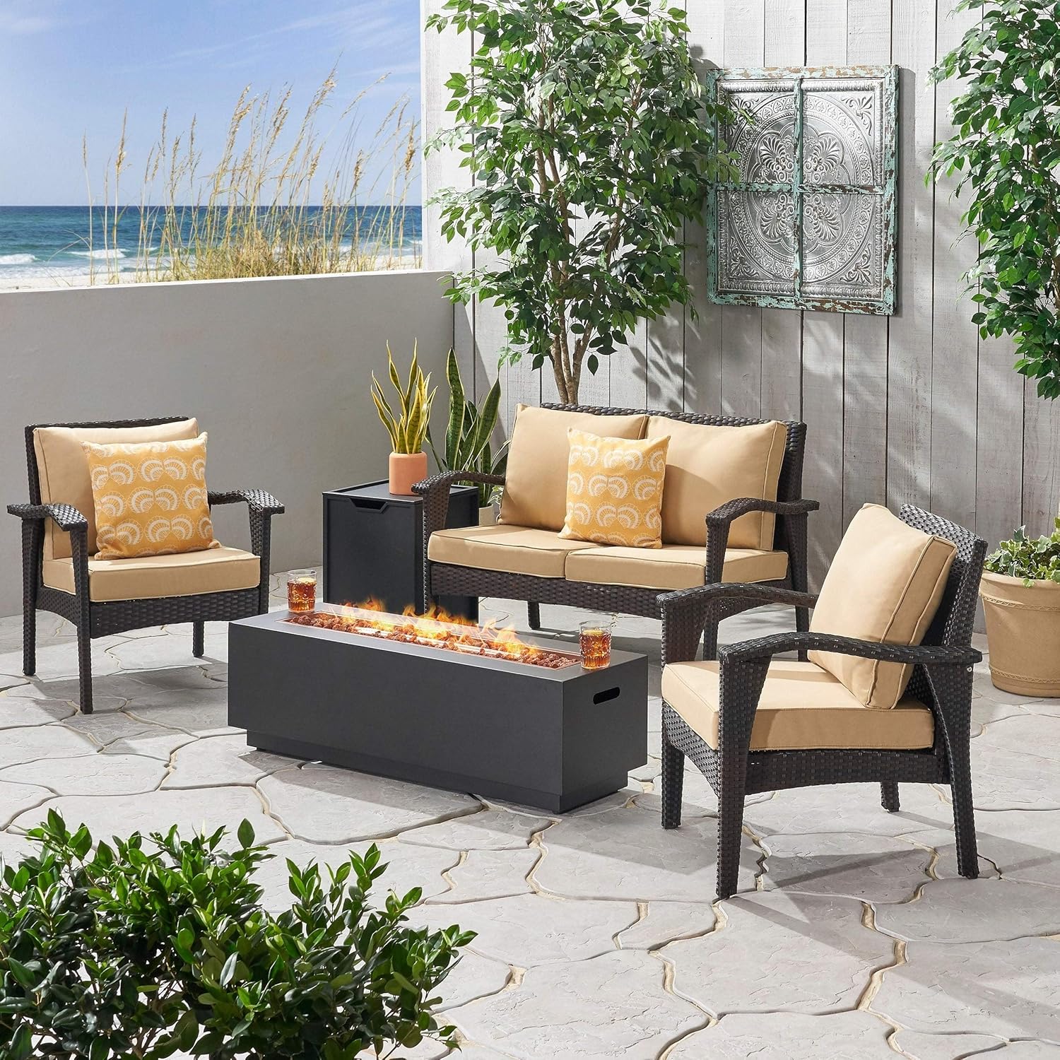Misc Kahala Outdoor 4 Seater Wicker Chat Set with Fire Pit by - Gray+Light Gray+Dark Gray Brown Grey Tan Modern Contemporary Fabric Iron Cushion Included Water Resistant