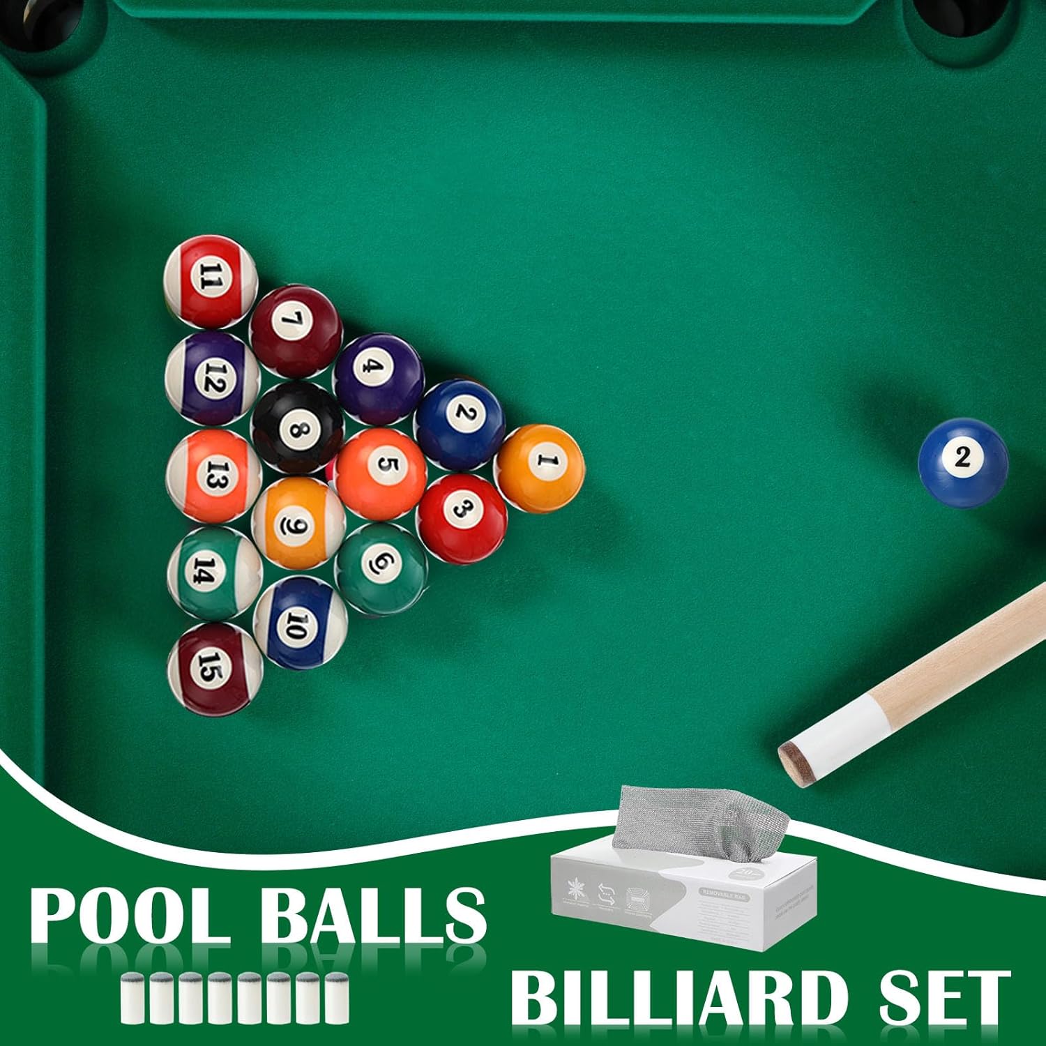 Vinsot 100 Pieces Pool Table Accessories, 16 Billiard Balls, 2 Sets of Pool Cues, Triangular Diamond Ball Rack, Cue Chalk, Cue Heads and Ball Brush Set and Other Billiard Accessories