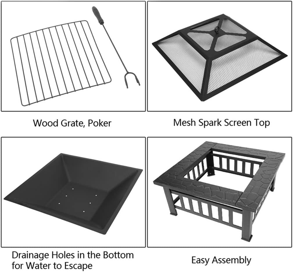 32 Inch Brazier Outdoor Camping Stove Garden Portable Courtyard Metal Fire Pits Bowl with Accessories BBQ Grills, black