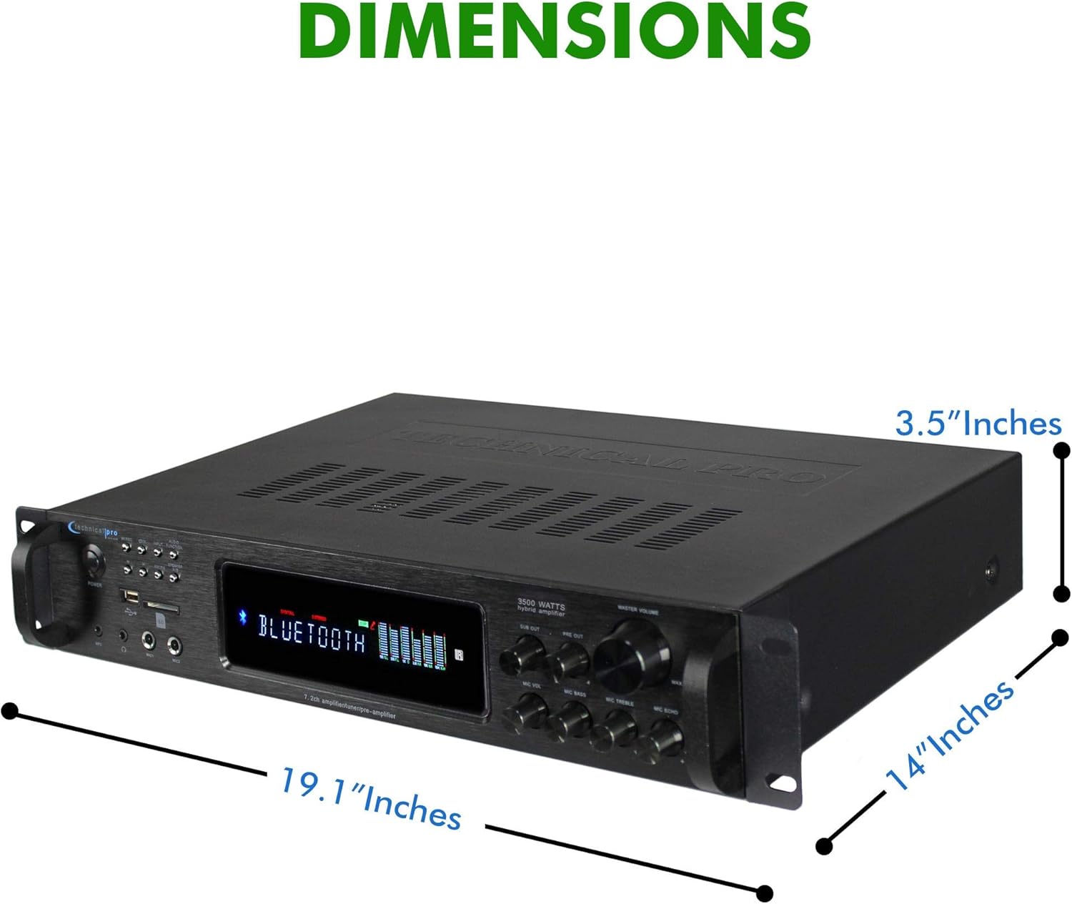 Technical Pro 3500 Watts Digital Hybrid Amplifier, Preamp/Tuner with USB SD Card Inputs, FM Radio, Recorder, Bluetooth, & Remote Control
