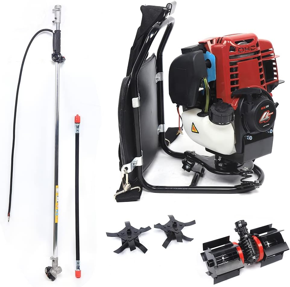 4 Stroke Backpack Lawn Mower 35.4CC 1.4HP Gas Powered Brush Cutter Tiller with Shock Absorbing Frame Single-Cylinder Air-Cooled Gasoline Engine Brush Cutter Cultivator Tiller