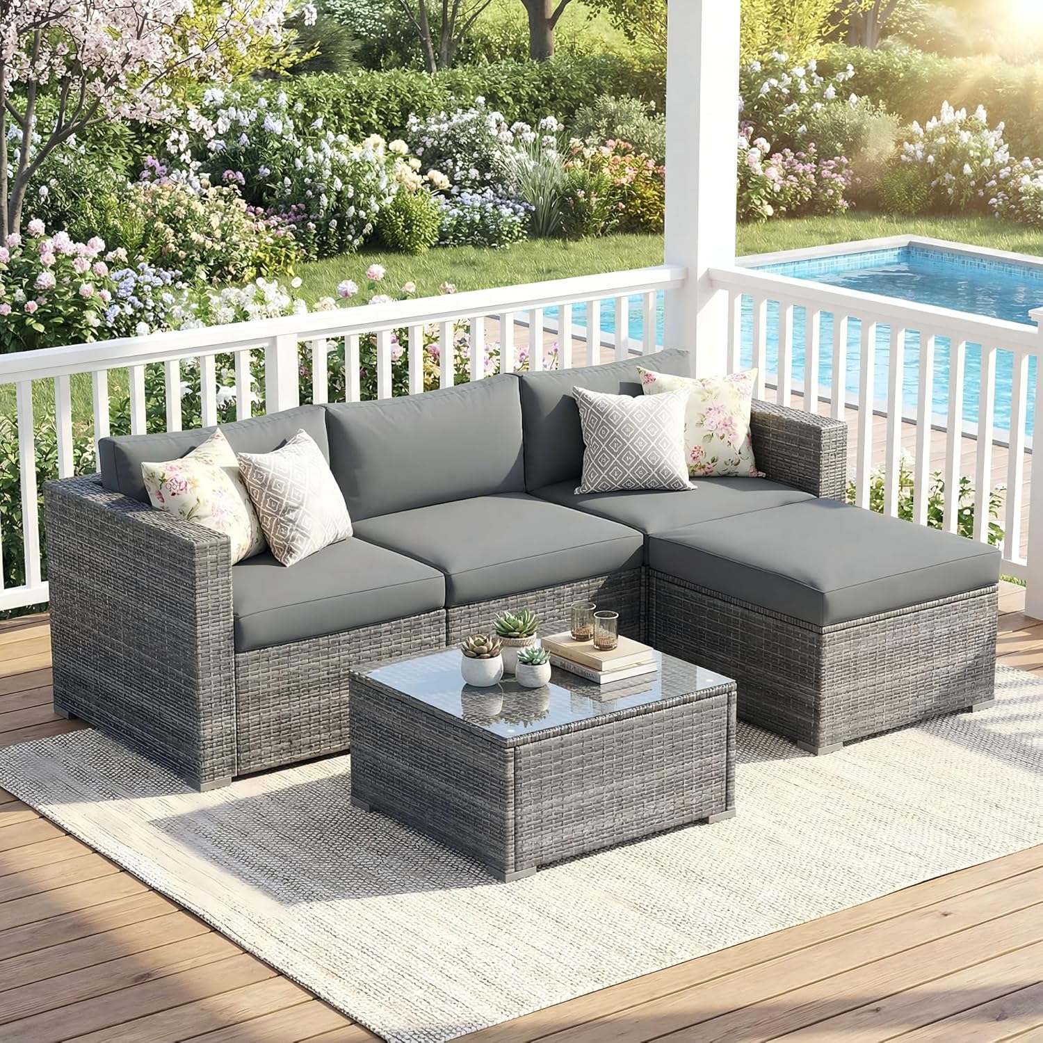Wisteria Lane 5-Pieces Outdoor Patio Furniture Set, All Weather Wicker Rattan Sectional Sofa, Patio Conversation Set with Cushions & Glass Coffee Table for Backyard Porch Garden Balcony, Grey