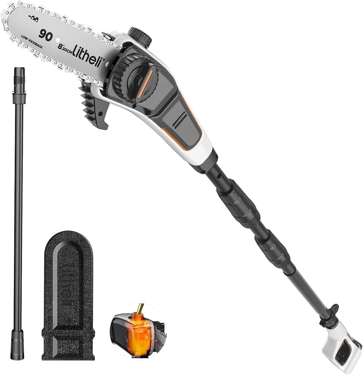 Litheli Cordless Pole Saw, 20V 2.5Ah Battery Pole Saws for Tree Trimming, 8-Inch Pole Saw Battery Powered 27.5ft/s Cutting Speed Auto Oiling Multi-Angle Electric Pole Chainsaw for Garden(Tool Only)