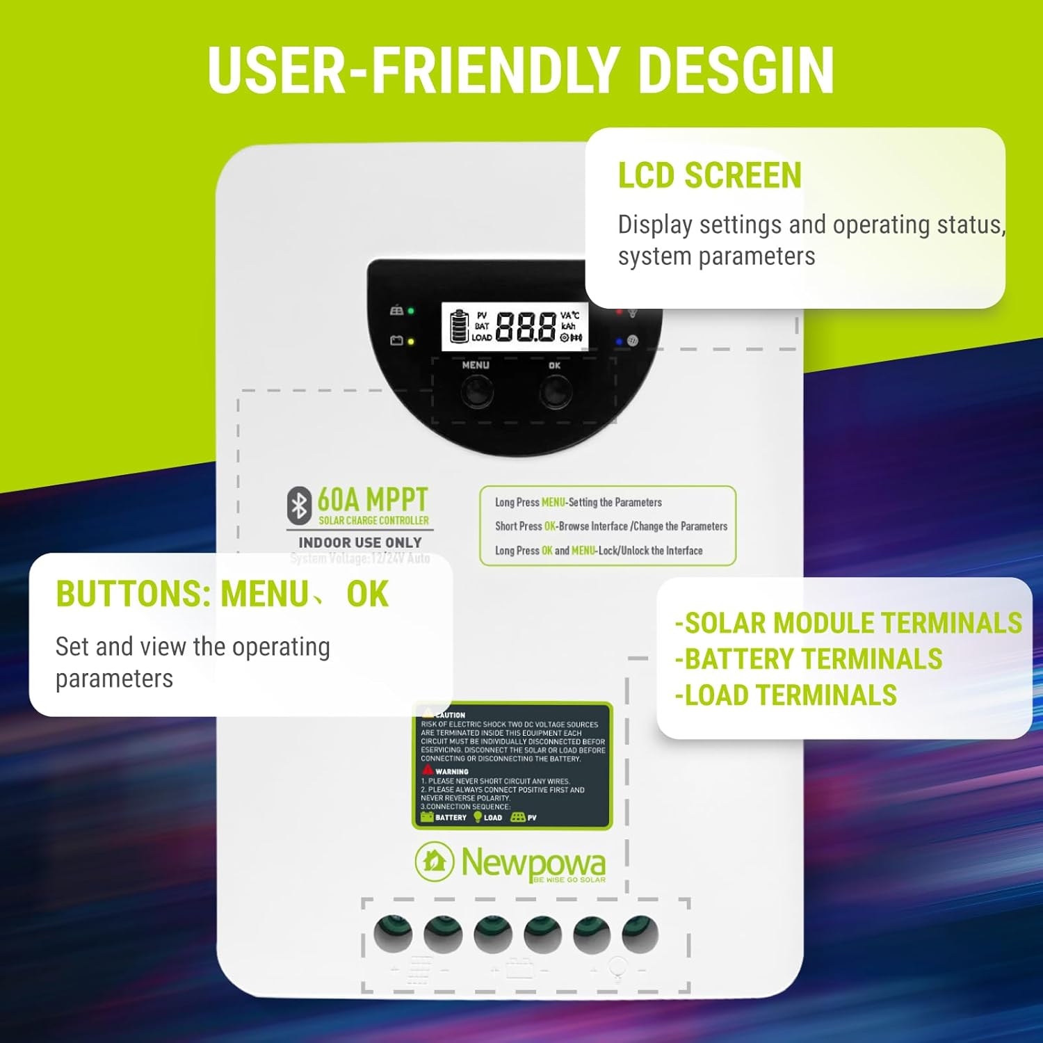 Newpowa MPPT 60A 12/24V Solar Charge Controller with LCD and Bluetooth for Solar Panel Control for Gel Sealed Flooded Lithium Battery