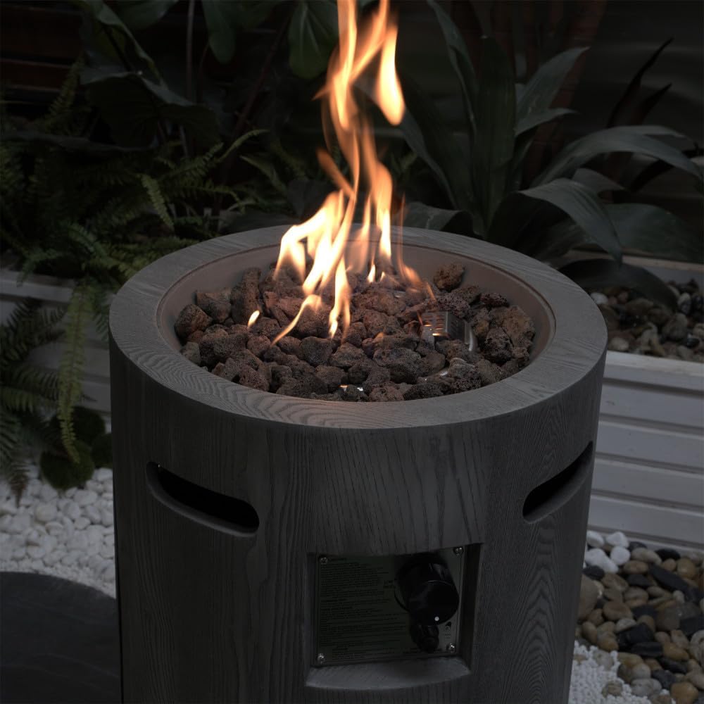 32000 BTU Round Outdoor Gas Fire Pit with Lava Stones, Rainproof Cover, Magnesium Oxide Cultured Stone Surface, 19.7
