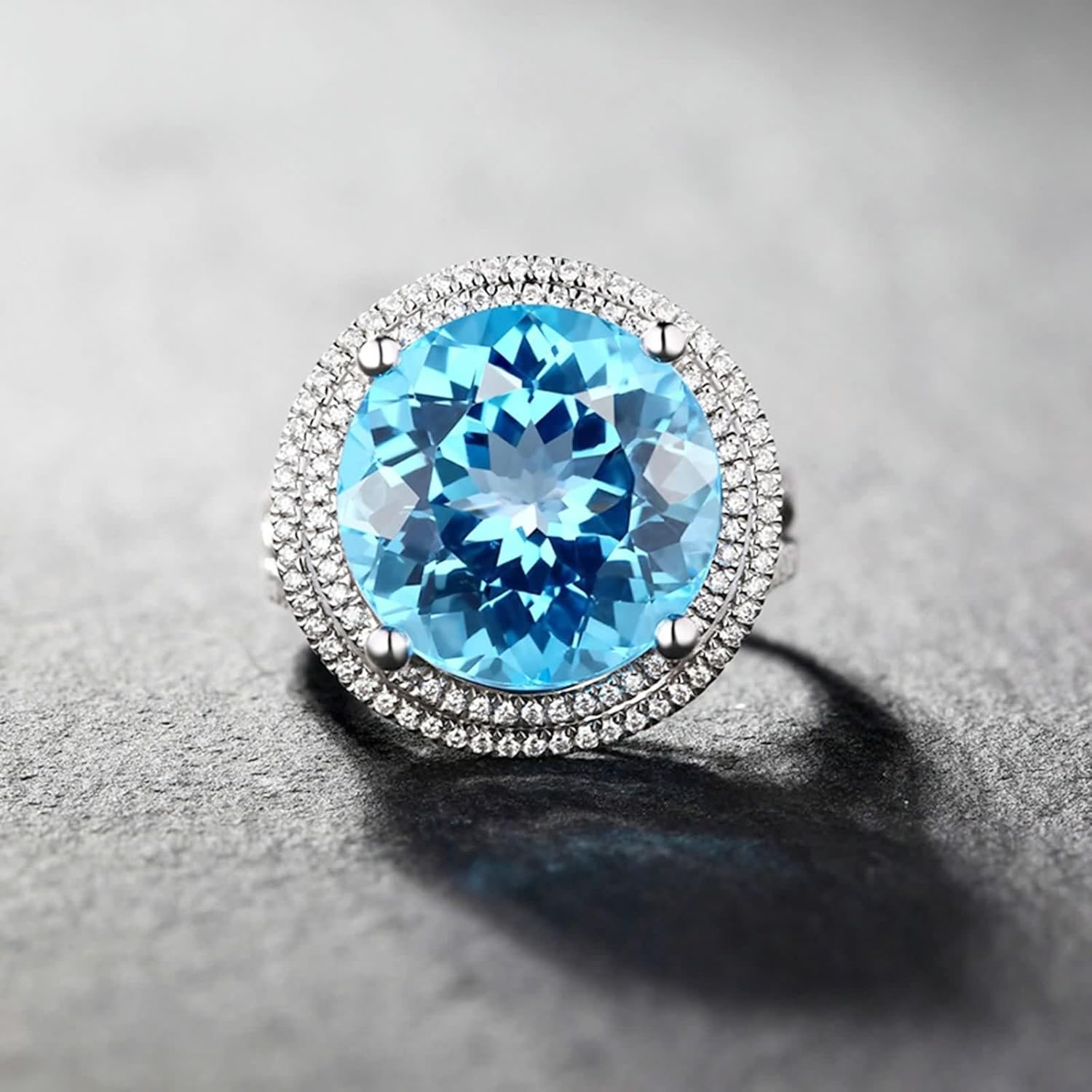 Engagement Rings for Women Halo, 18K White Gold Ring Round Brilliant 12ct Big Blue Topaz Gift for Her