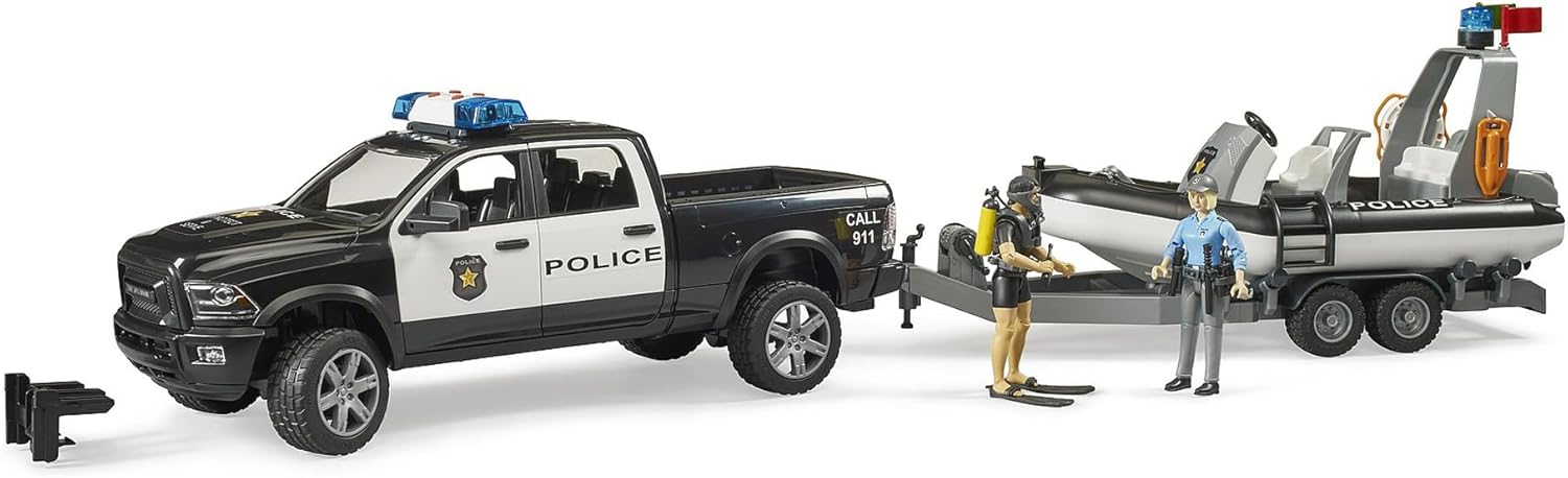 Bruder RAM 2500 Police Pickup with L + S Module Trailer, Boat and 2 Figures