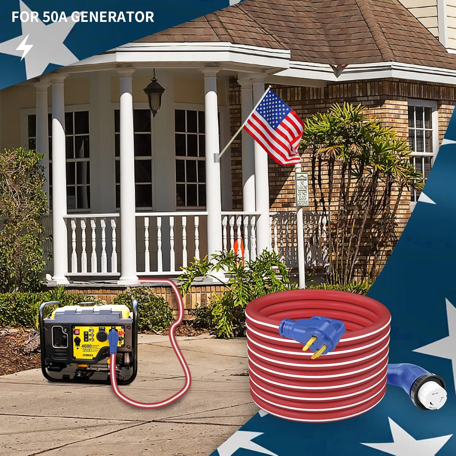 50 Amp 25 FT RV/Generator Cord with 135 Degree Locking Connector, NEMA 14-50P to SS2-50R with LED Power Indicator, ETL Listed, for RV, Camper, and Generator to House, Come with Storage Kit