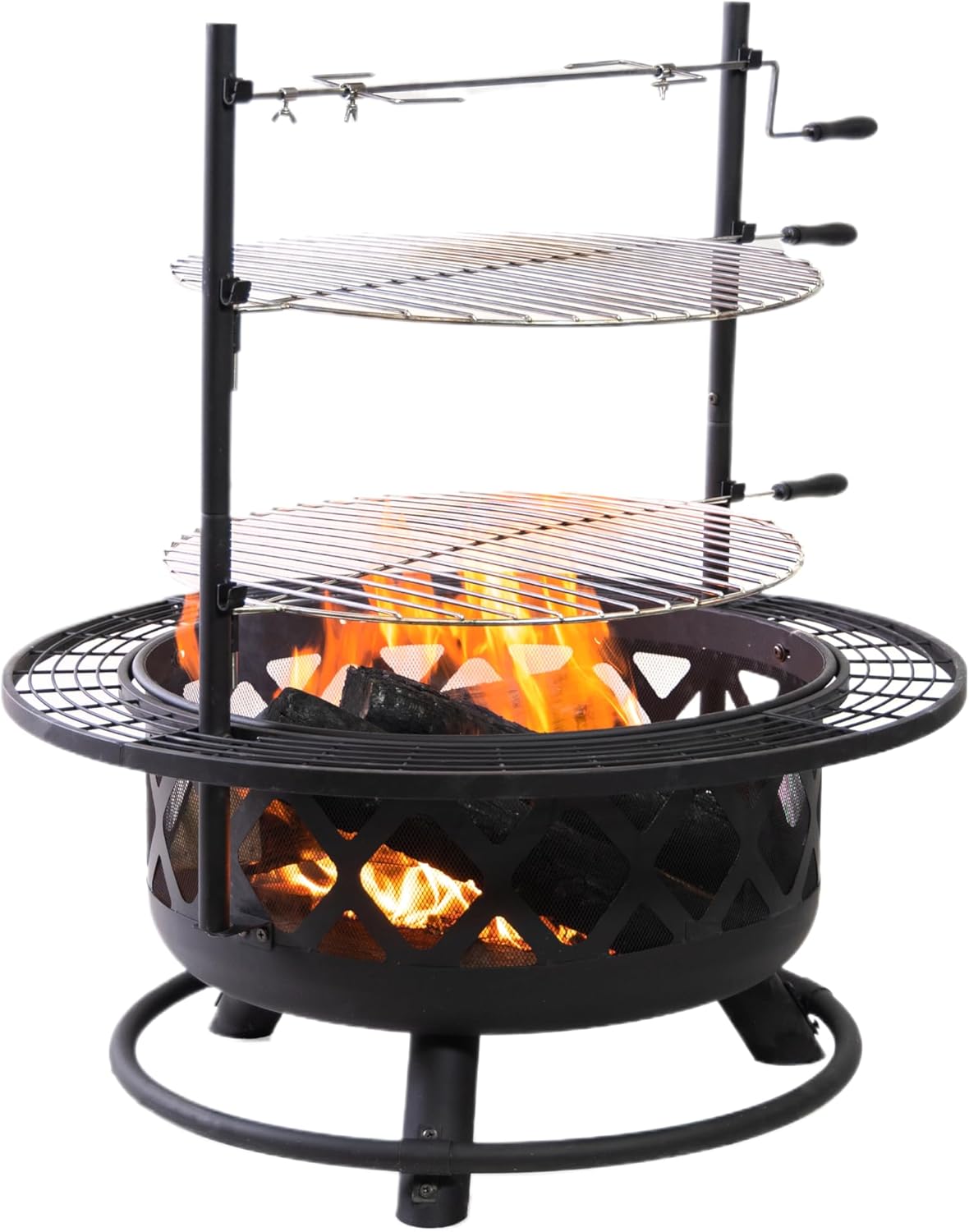 33 Inch Outdoor Fire Pit with Grill & Rotisserie Durable Steel Woodburning Firepits for Outside - Portable Fire Pit for Backyard Porch, Deck, Camping, BBQ