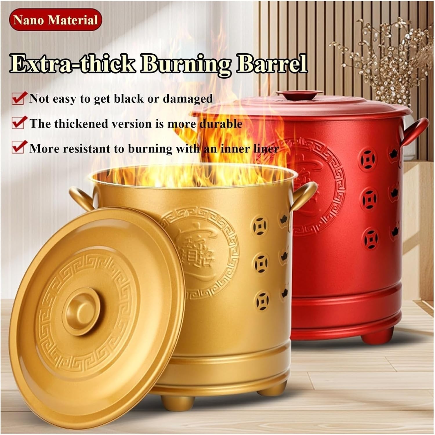 Stainless Steel Burn Barrel for Outdoor Paper Leaf Trash Wood Incinerator, Backyard Bonfire Fire Pit with Lid, Mesh Grill Rack & Poker, Ventilation Holes(Red,Small)