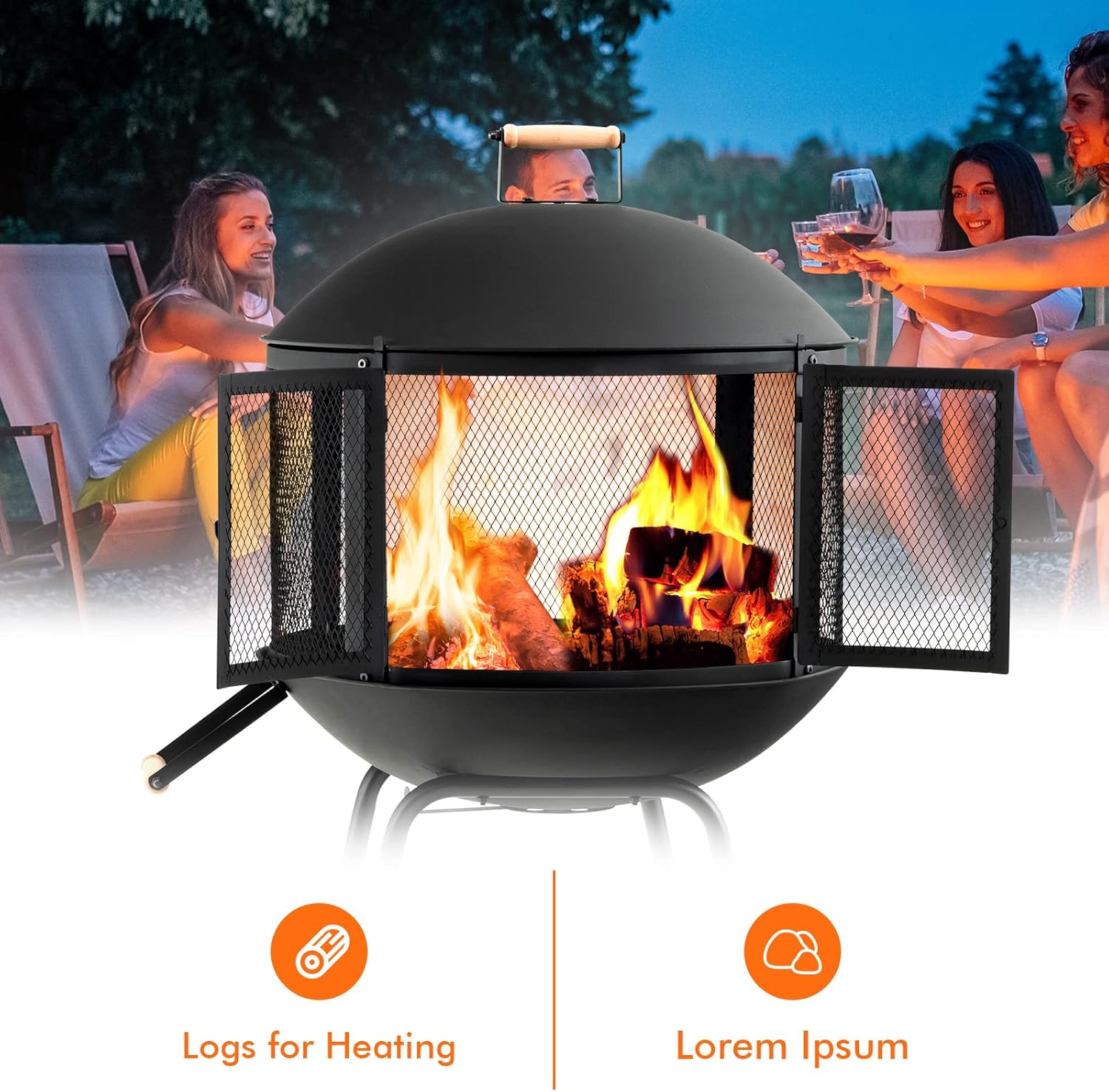 ORALNER Portable Fire Pit on Wheels, 27” Outdoor Wood Burning Firepit Cage w/Spark Screen Cover, Log Grate, Fire Poker, Steel Patio Firepit w/BBQ Grill for Outside Camping, Picnic, Backyard Bonfire