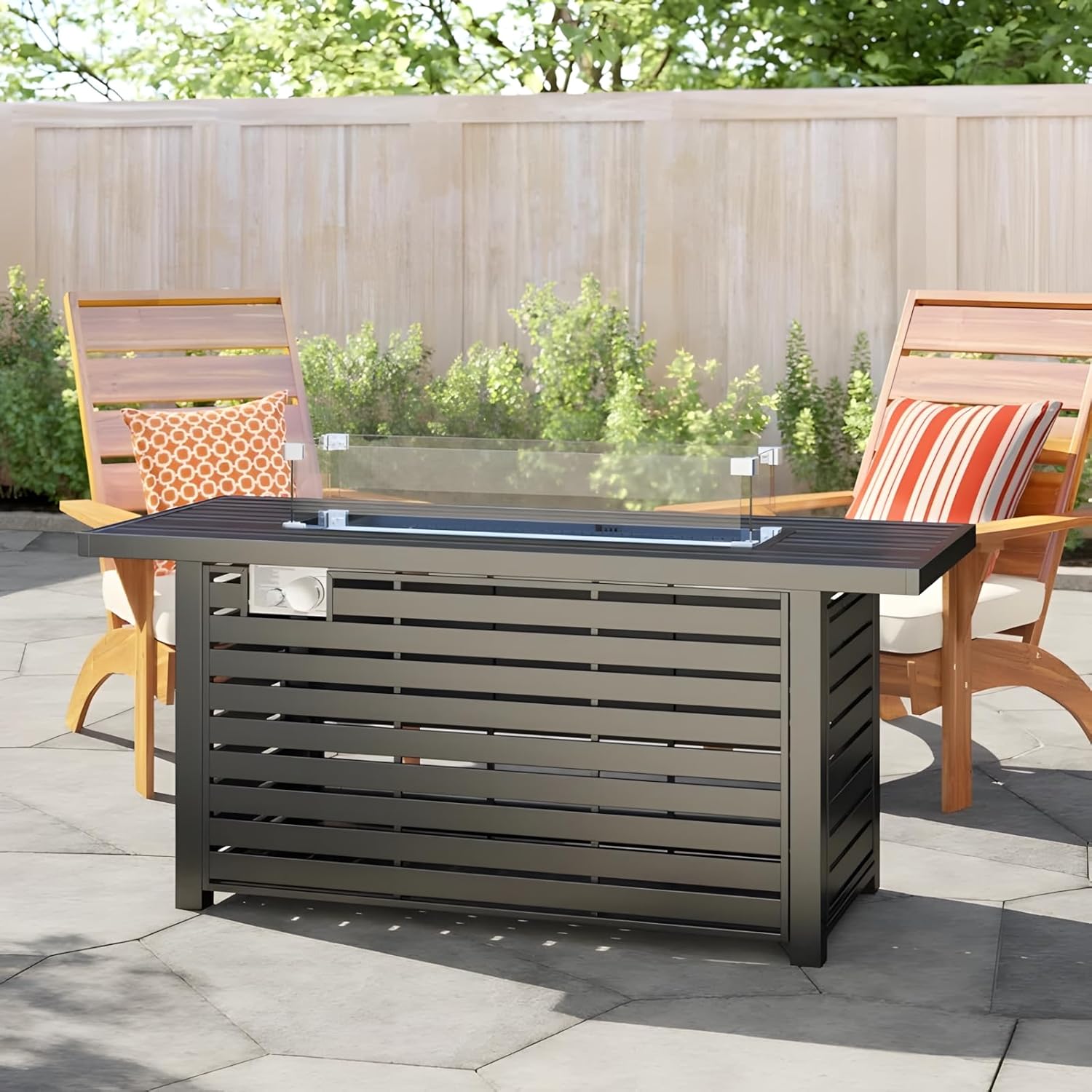 Penau Steel Propane Outdoor Fire Pit Table with Slatted Base & Accessories, 24 Inchs High, Black
