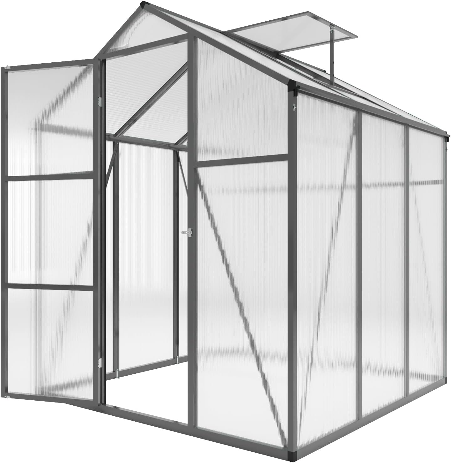 6x6 FT Aluminum Greenhouse with Polycarbonate Panels, Windproof Outdoor Walk-in Garden Greenhouse with Raised Base and Anchors, Black