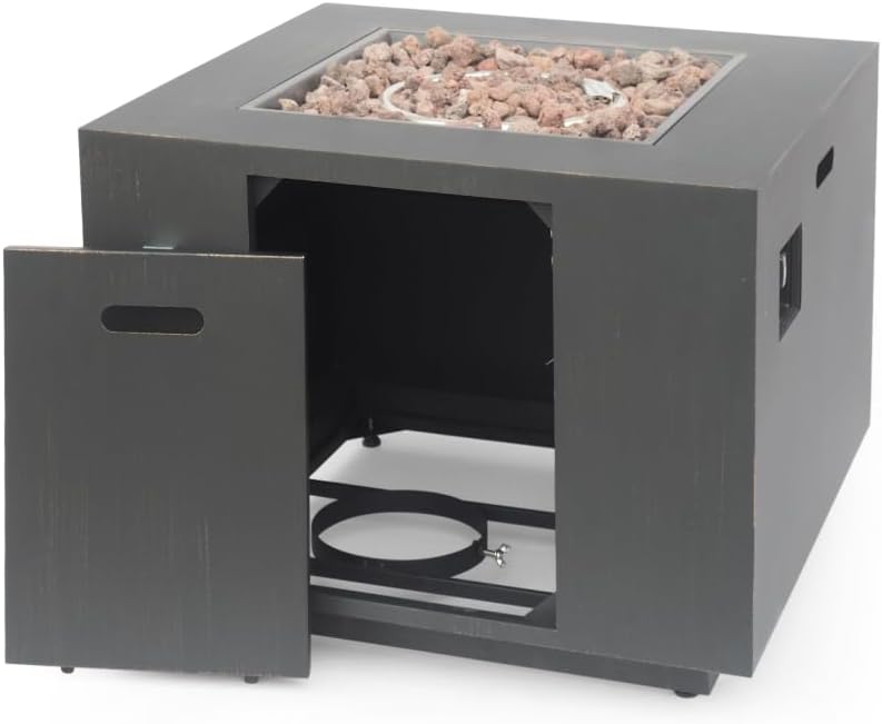 33 Inch Outdoor Square Propane Gas Fire Pit Table with Integrated Tank Enclosure, 50000 BTU, Weather-Resistant Brushed Brown Finish for Patio Backyard Garden