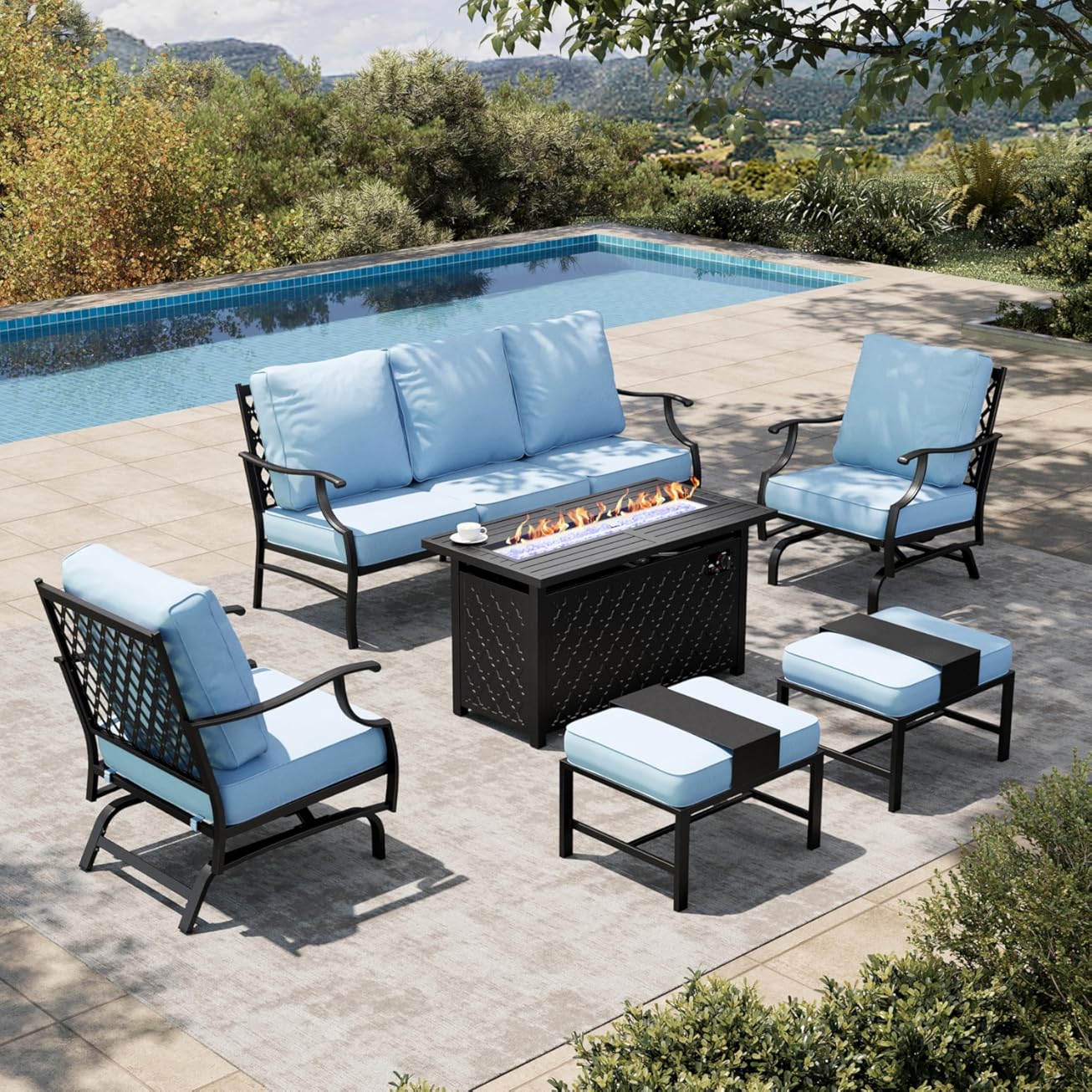 HERA'S HOUSE 6 Pieces Patio Furniture Set with Fire Pit Table, 2 x Rocking Chair, 2 x Ottoman, 3-Seat Sofa with 45