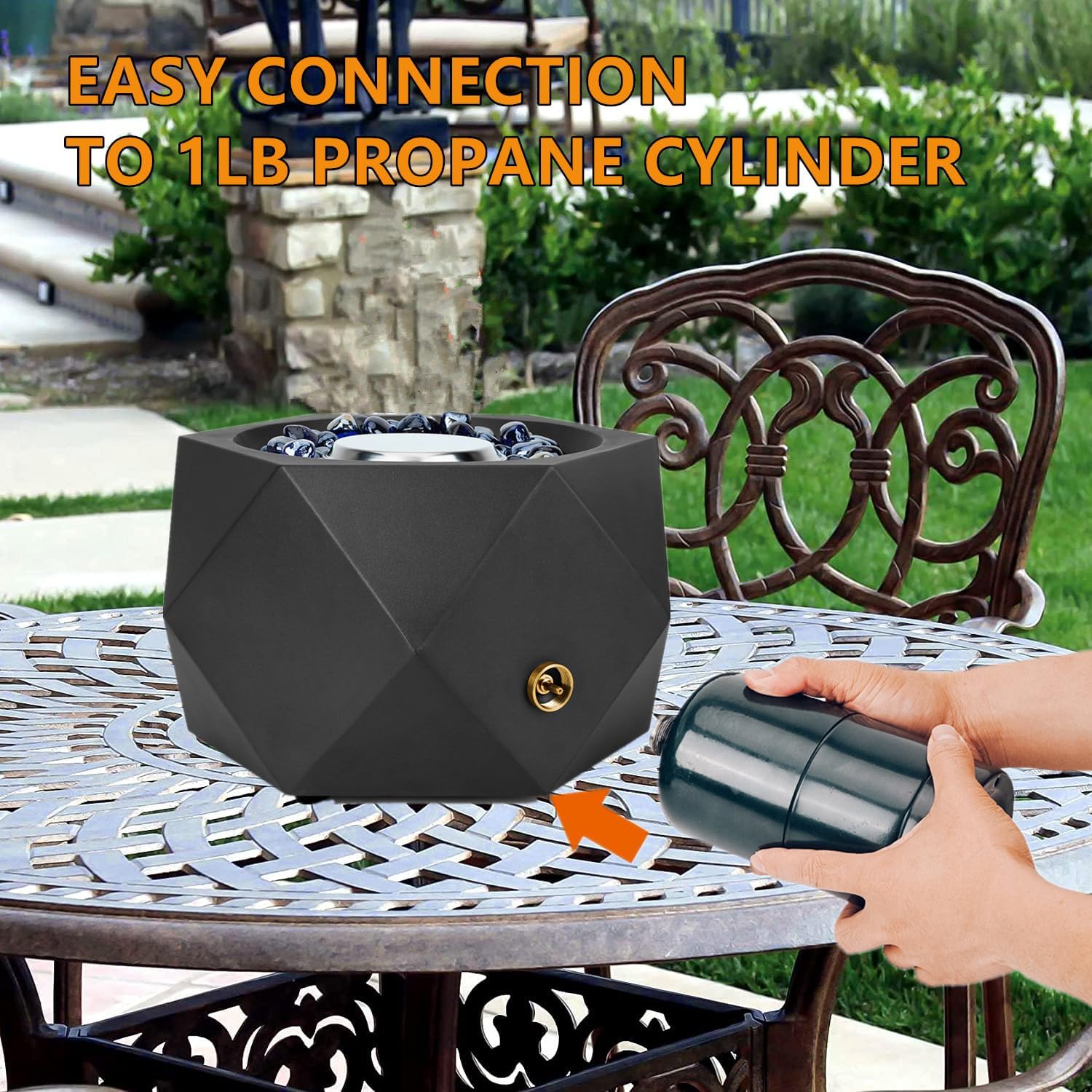 ONLYFIRE OUTDOOR LIVING Propane Gas Fire Pit with Blue Fire Glass Stones, 14