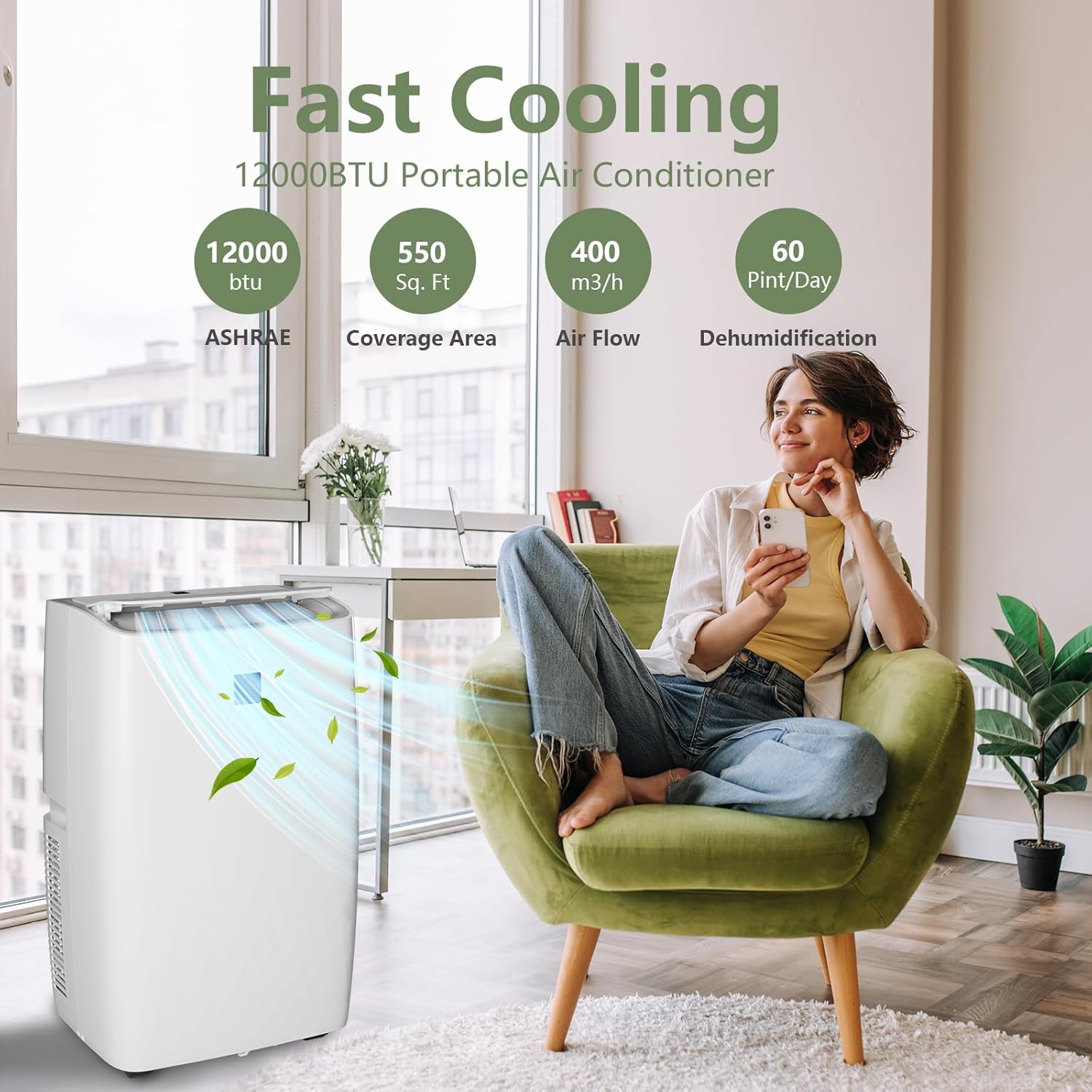 Powerful 12,000 BTU Portable Air Conditioners, Cools Up to 550 Sq.Ft, 3-IN-1 Quiet Portable AC Unit with Remote Control & Installation Kits for Large Room, Smart/Sleep Mode, Auto Swing & 24-Hour Timer