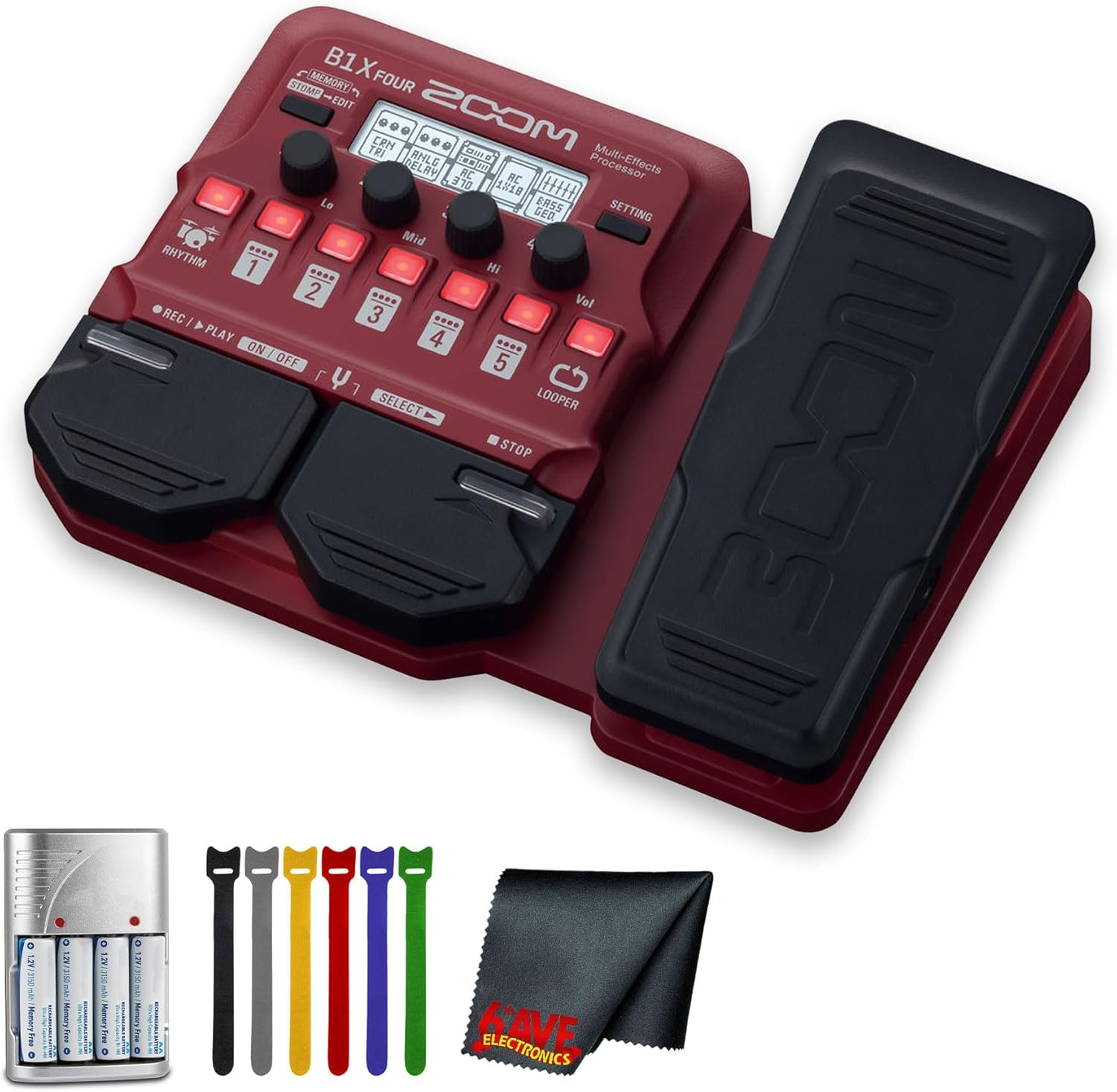 Zoom B1X Four Bass Multi-Effects Pedal with Expression Pedal Bundle With Microfiber Cleaning Cloth + 4x AA Batteries With Charger + 6 Pack Wire Straps