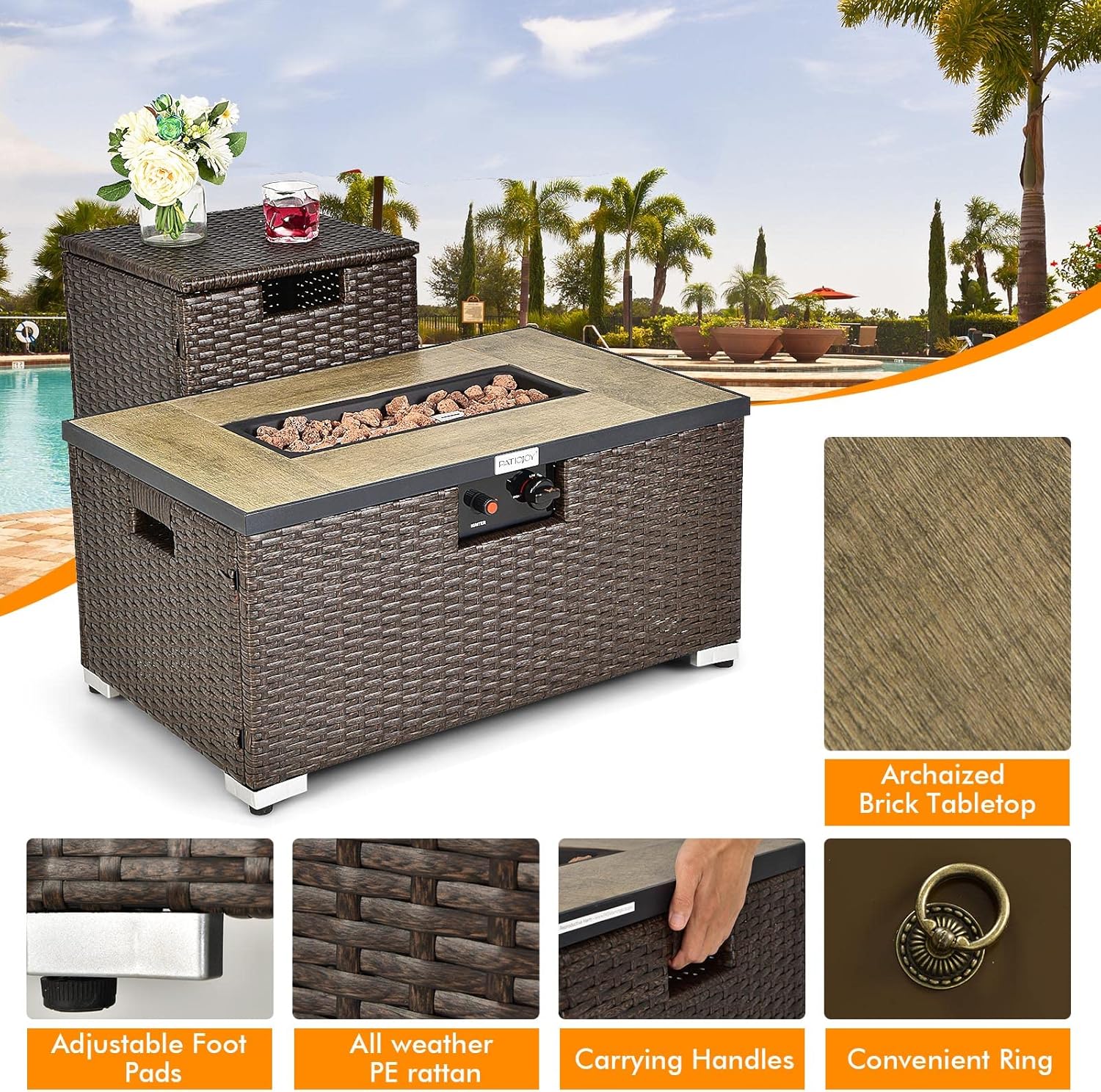 Tangkula 2 Piece Outdoor Propane Fire Pit Table Set with Hideaway Propane Tank Holder, 40,000 BTU Rattan Wicker Fire Pit Table with Lava Rocks, Waterproof Cover, Ideal for Backyard, Patio (Brown)