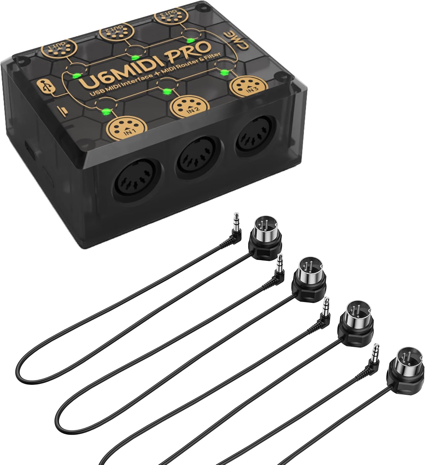CME U6MIDI Pro + 4-Pack 1FT TRS 3.5 (A) MIDI Cables - MIDI Interface with Router, Mapper and Filter + 4-Pack TRS 3.5 Low-Profile MIDI cables