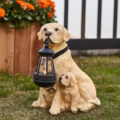 Labrador Family Outdoor Statue with Solar Lights, Realistic Dog Figurine Decor, Home Garden Decoration Windproof Lamp, Dog Garden Statues with Solar Lantern, for Patio Lawn Yard