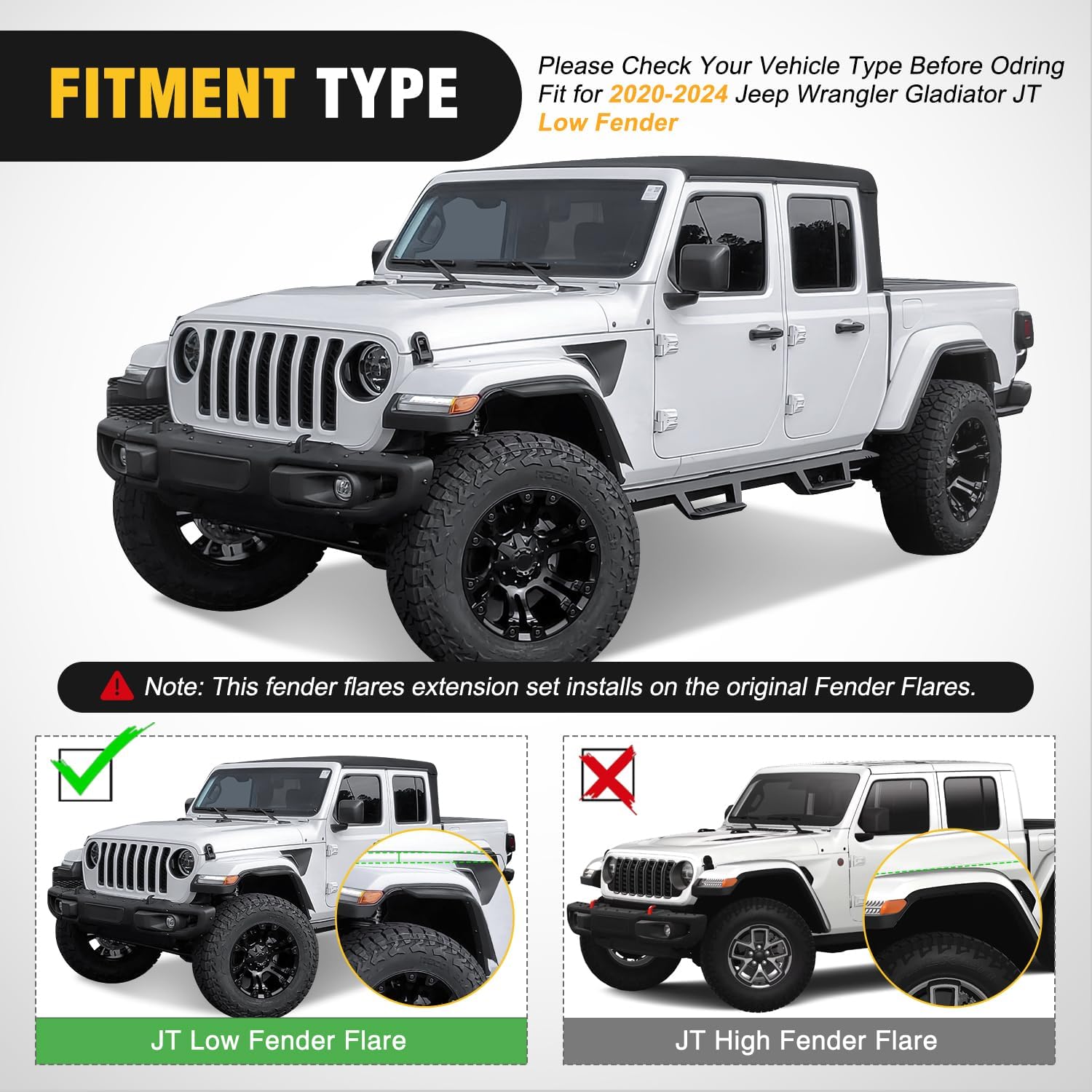 Nilight Fender Flares Extensions Set fit for 2020 2021 2022 2023 2024 2025 Gladiator JT (Only for Low Wheel Arches) Off-Road Widened Front Rear Flat 4 PCS