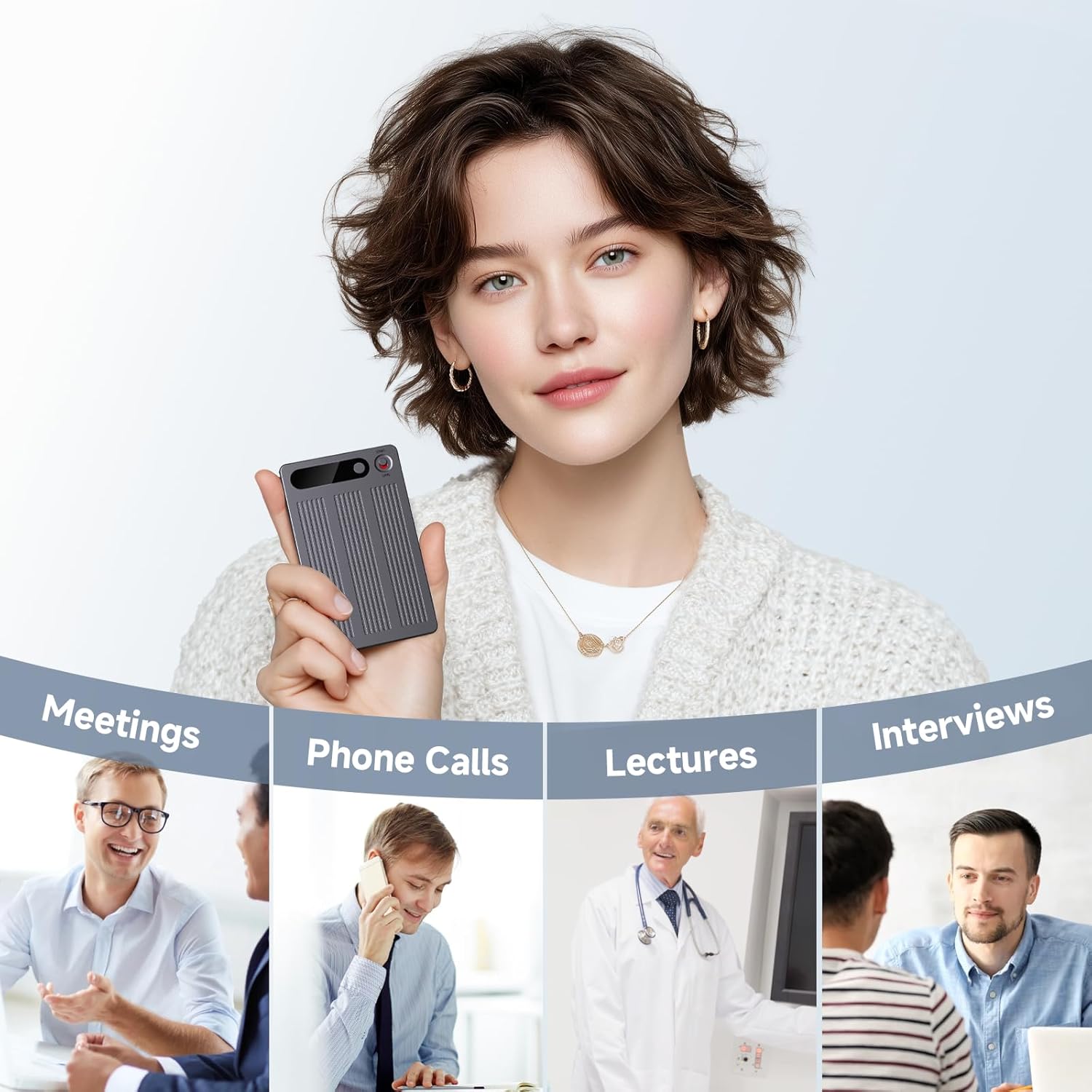 AI Voice Recorder, Note Voice Recorder with Transcribe＆Summarize, Al Noise Cancellation Technology, Two-Way Translation with APP, 80+ Languages, 64GB Memory, Recording Device for Interview, Meetings