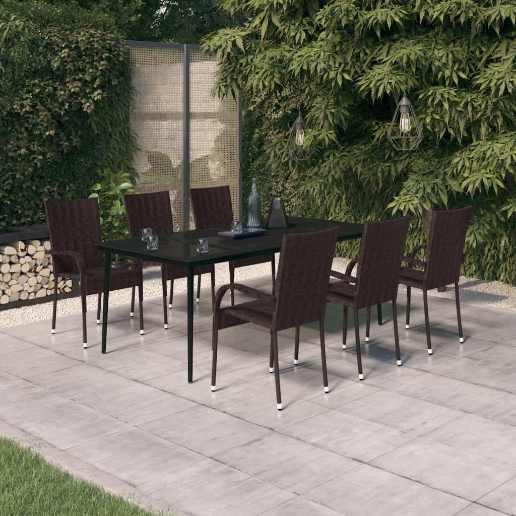 7 Piece Patio Dining Set Brown and Black,Durable Patio Dining Set with PE Rattan Chairs and Glass Tabletop for Outdoor Dining Patio Furniture Sets, Outdoor Furniture Sets