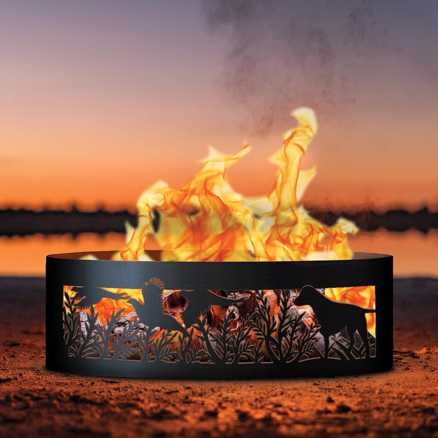 PD Metals PR00730-FP Dog N Pheasant Unpainted 12 in. Tall 30 in. Diameter Outdoor Fire Ring with Fire Poker - 30 x 30 x 12 in. - Rustic Black Color