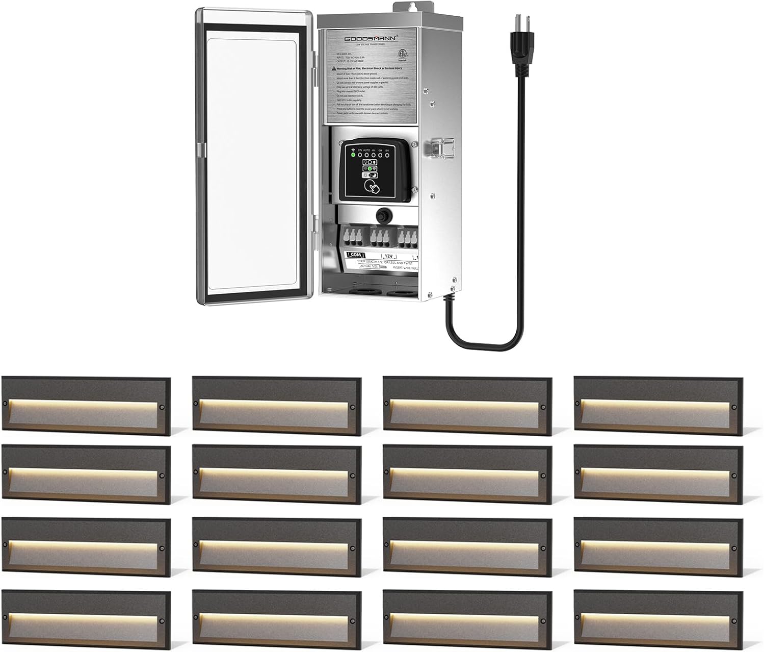 GOODSMANN 16PK Low Voltage Step Lights Kits 10.6 Inch 122 Lumens Landscape Stair Deck Lights with 300W Wi-Fi Low Voltage Transformer Stainless Steel Smart 120V AC to 12V/15V AC Multi Tap Output