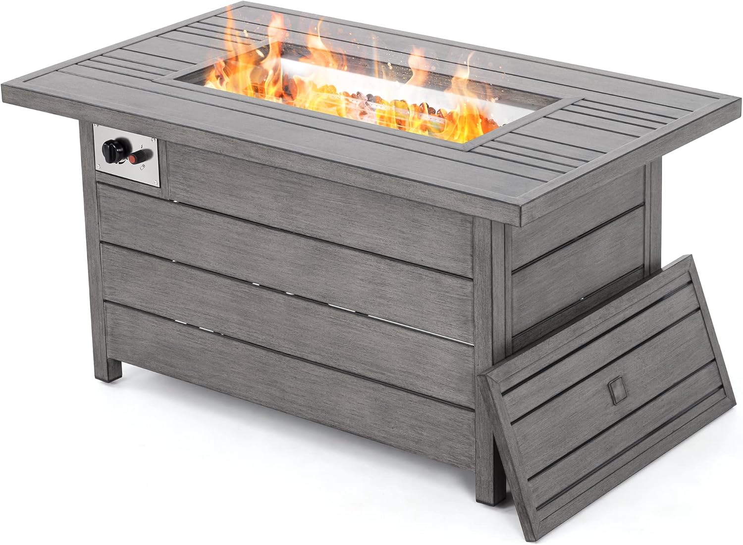 Propane Fire Pit Table, HAPPATIO 48inch 50000 BTU Gas Fire Pit with Aluminum Slats Table Top, Lid, Black Glass Rock, Aluminum Fire Table,CSA Safety Certified for Outside Patio(Gray)