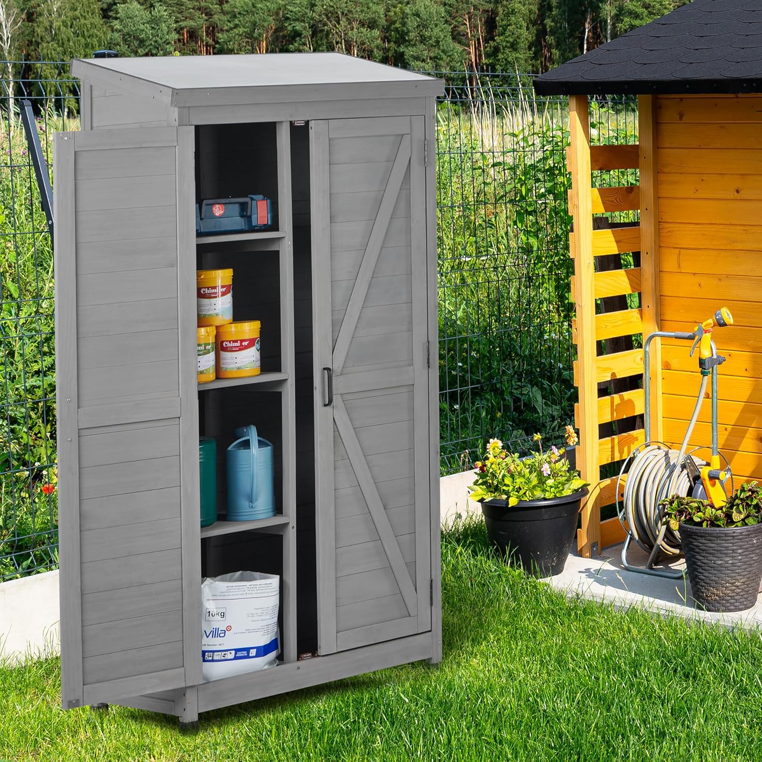 Outdoor Storage Shed Waterproof Metal Garden Tool Bike Sheds Kit Lean to Shed Backyard Storage Building Cabinet House 68 Inch Tall Wood Shed for Yard Patio,Gray