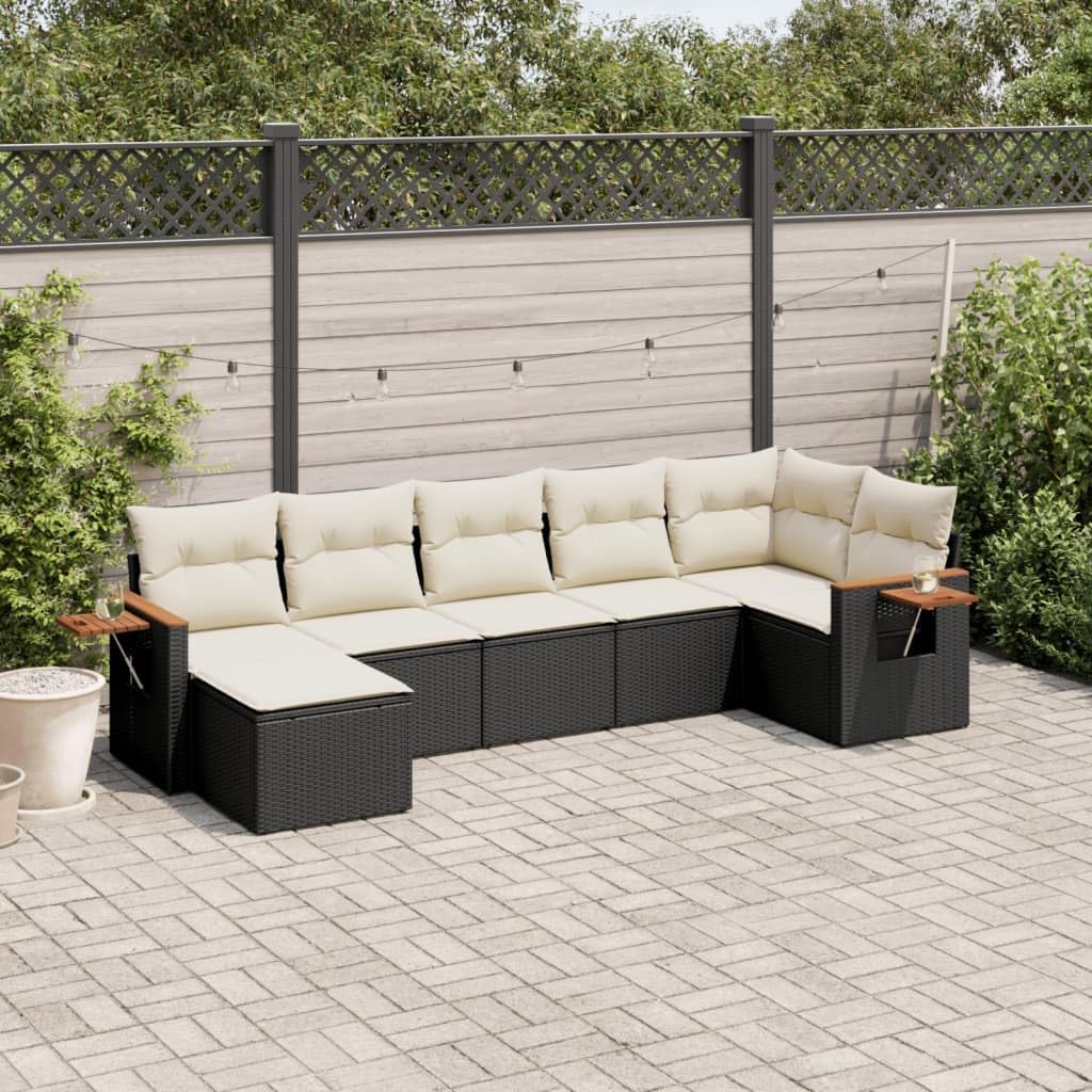 7-Piece Modular Garden Sofa Set Black PE Rattan with Adjustable Feet, Outdoor Furniture Set for Patio Backyard Terrace, Removable Cushions Storage Compartments