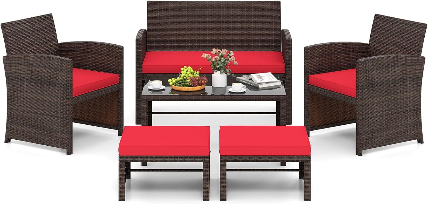 Tangkula 6 Pieces Patio Furniture Set, Outdoor Sectional Conversation PE Rattan Sofa Set with 1 Loveseat, 1 Coffee Table, 2 Armchairs and 2 Ottomans for Garden, Deck, Backyard and Poolside (Red)