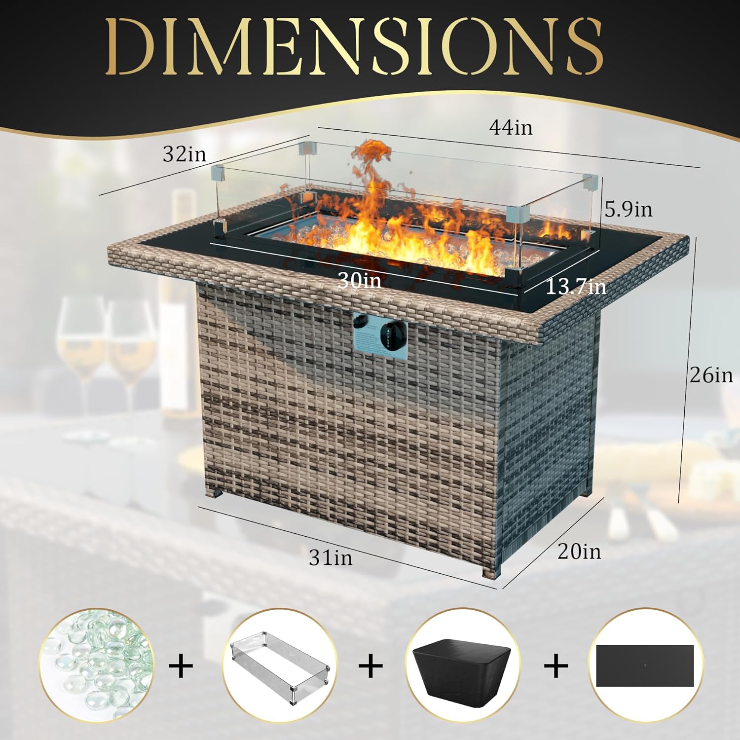 Yoyomax 44-Inch Firepit Table with Hand-Weave Rattan, Aluminum Frame, Wind Guard, Waterproof Cover, and Fire Beads - Perfect for Outdoor Patios, Gardens, and Hotels with 60,000 BTU Flame