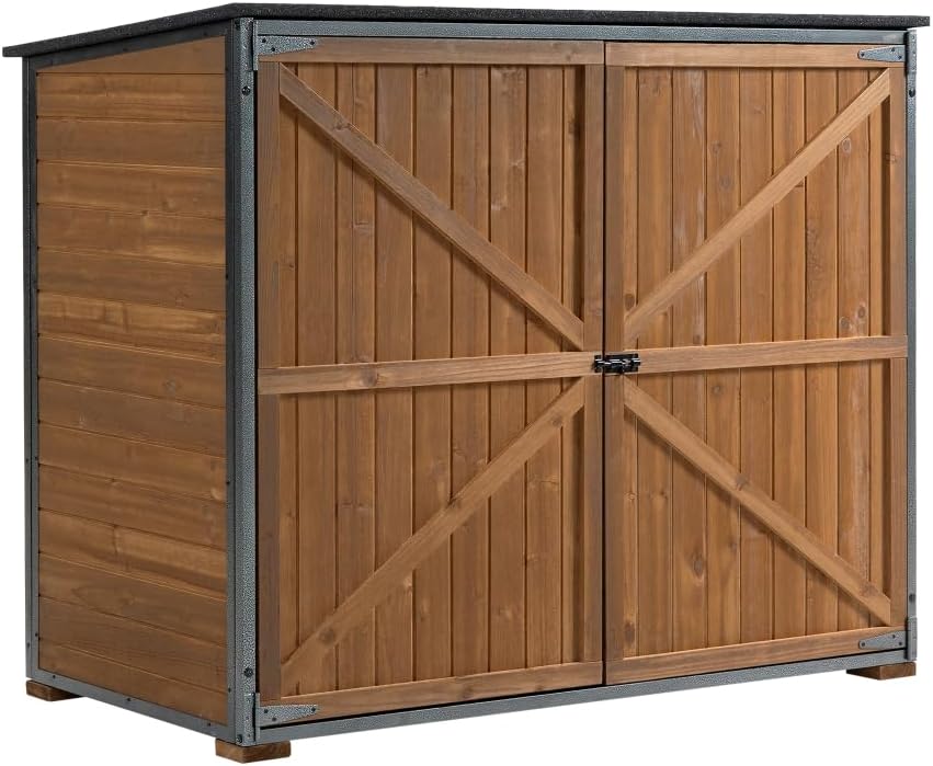Outdoor Weatherproof Storage Shed - Metal Frame, Wood Floor, Lockable Double Doors & Adjustable Shelves (50.4