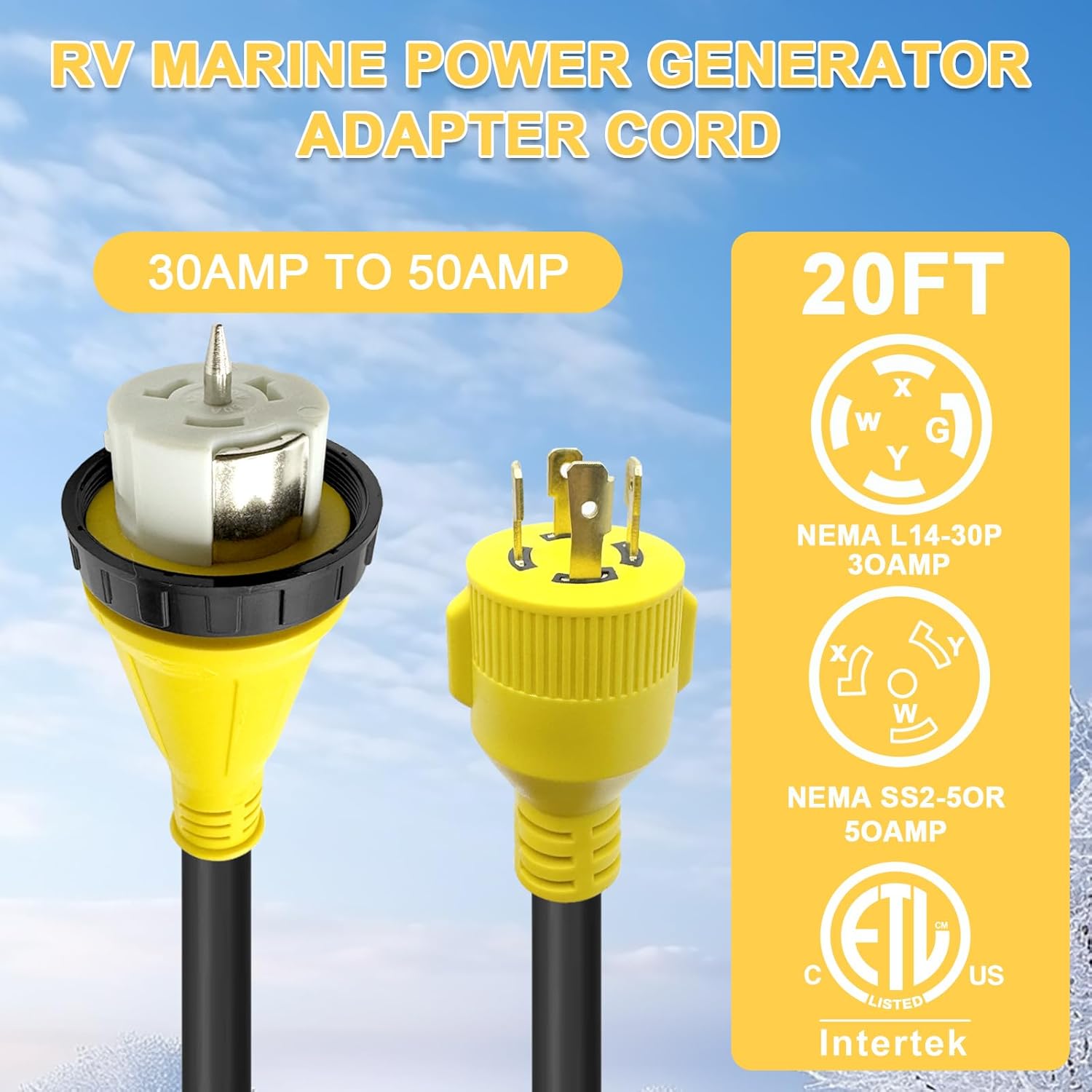 50 Amp Generator Power Inlet Box and 20FT L14-30P to SS2-50R Adapter Extension Cord