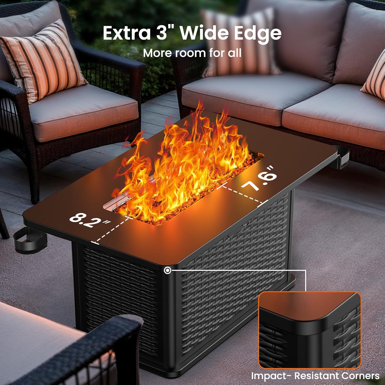 AMADA HOMEFURNISHING 43 Inch Propane Fire Pit Table, 60,000 BTU Gas Fire Pit with Lava Rocks, Waterproof Cover, Removable Lid, Cup Holders, 2-in-1 Fire Table for Patio, Backyard, Garden, Black