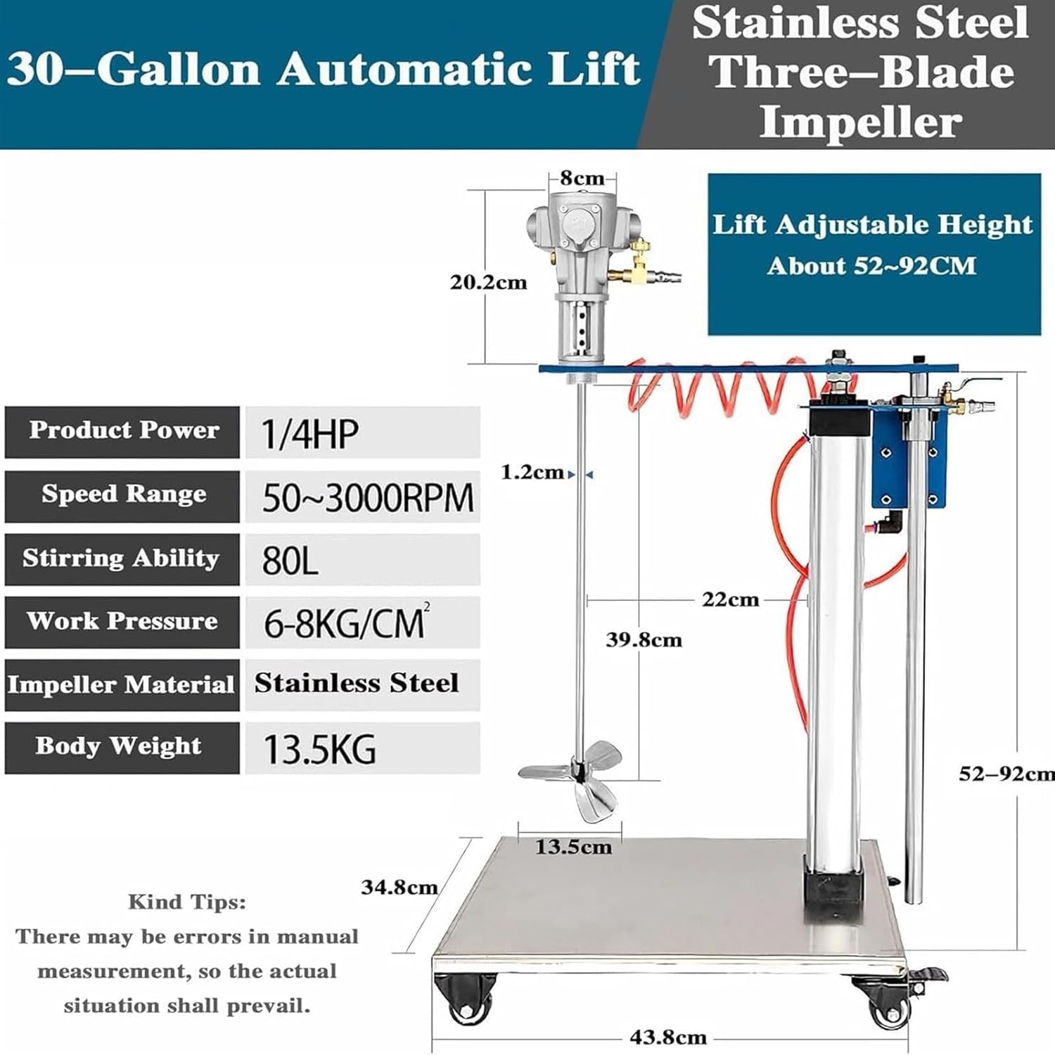 Automatic Lifting Air Agitator, Pneumatic Paint Mixer, 30 Gallon Paint Stirring Machine, Ink Coating Mix Tool, StainlessSteel