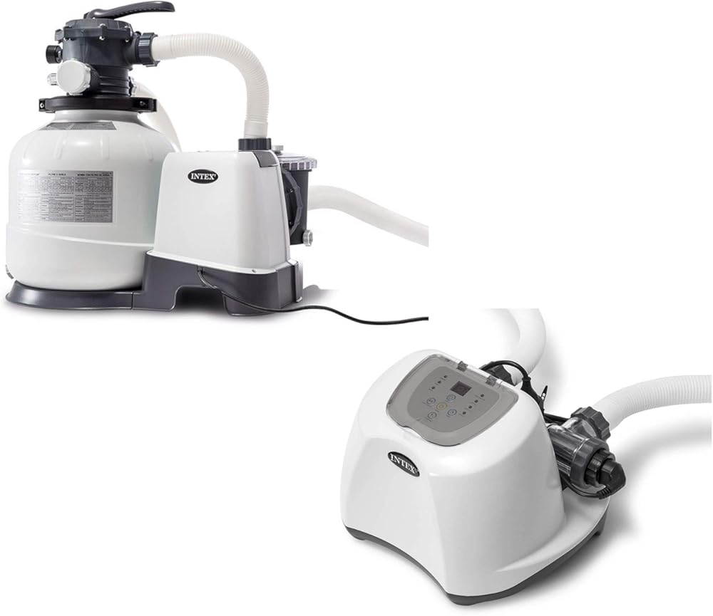 Intex 2800 Gallon Per Hour Pool Filter Sand Pump with Built In Automatic Timer and Krystal Clear Saltwater System Swimming Pool Chlorinator